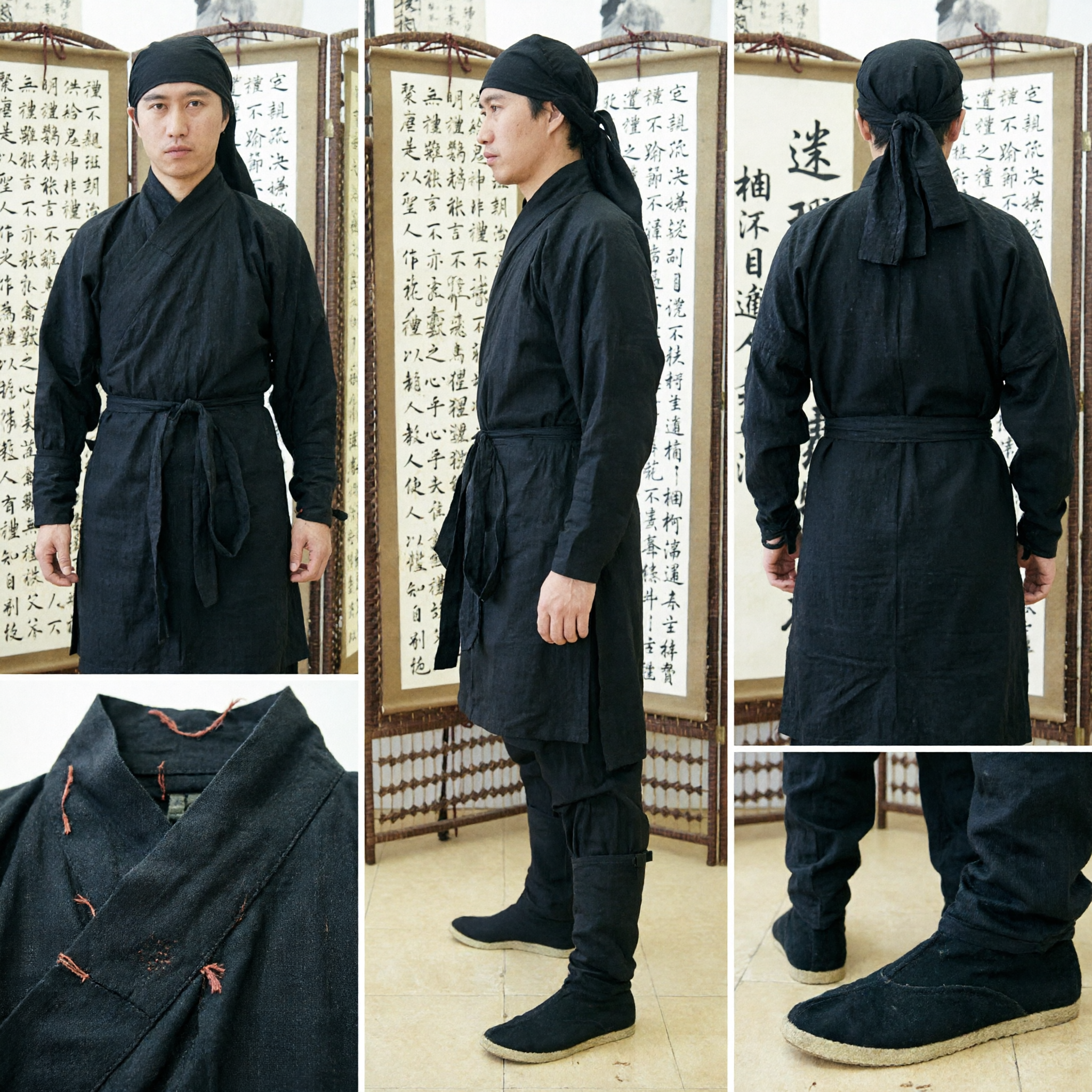 Traditional Chinese Black Martial Arts Costume Men Ancient Wuxia Warrior Hanfu Complete Set for Cosplay