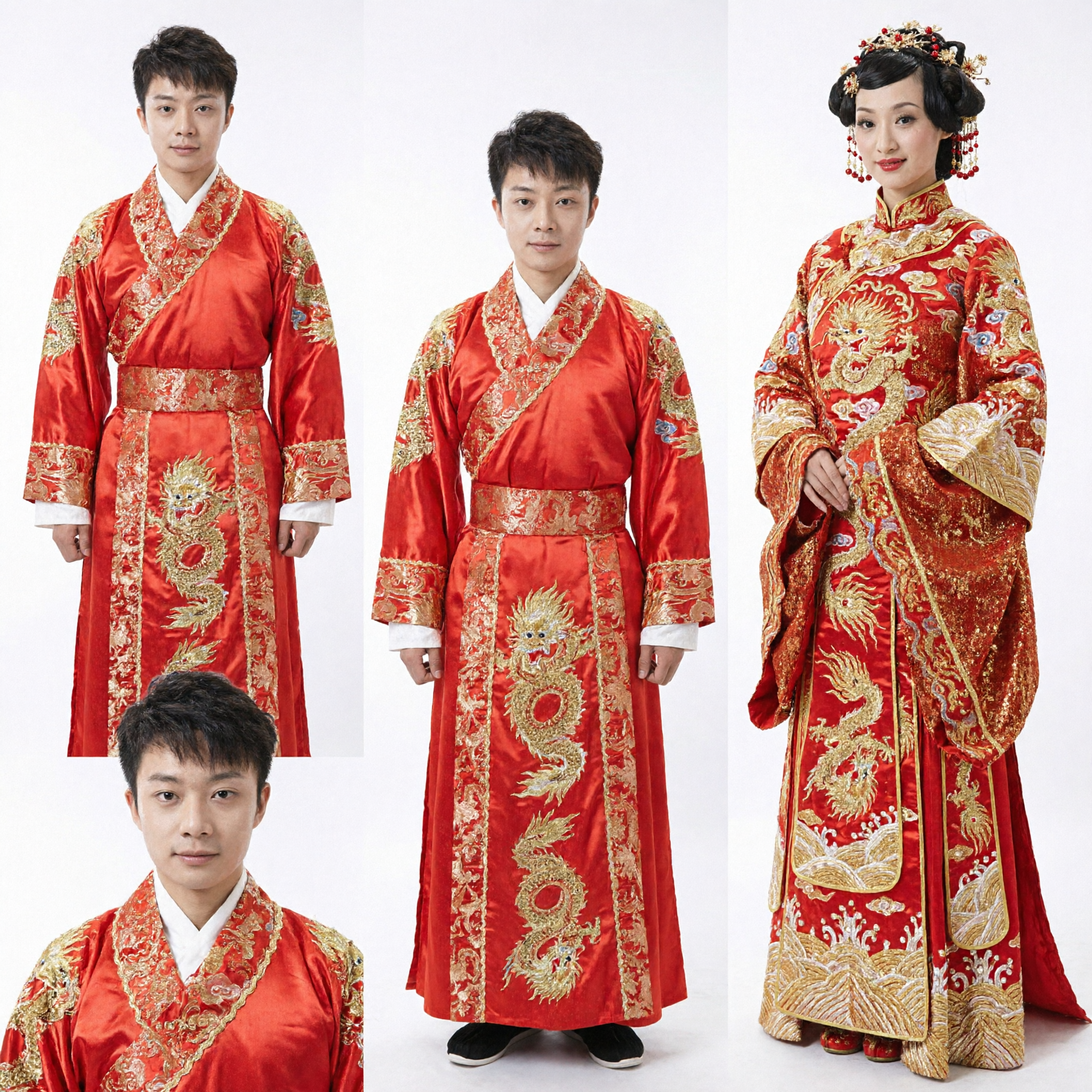 Traditional Chinese Wedding Costumes for Couples Ancient Hanfu Bride and Groom Red Gold Embroidery Set