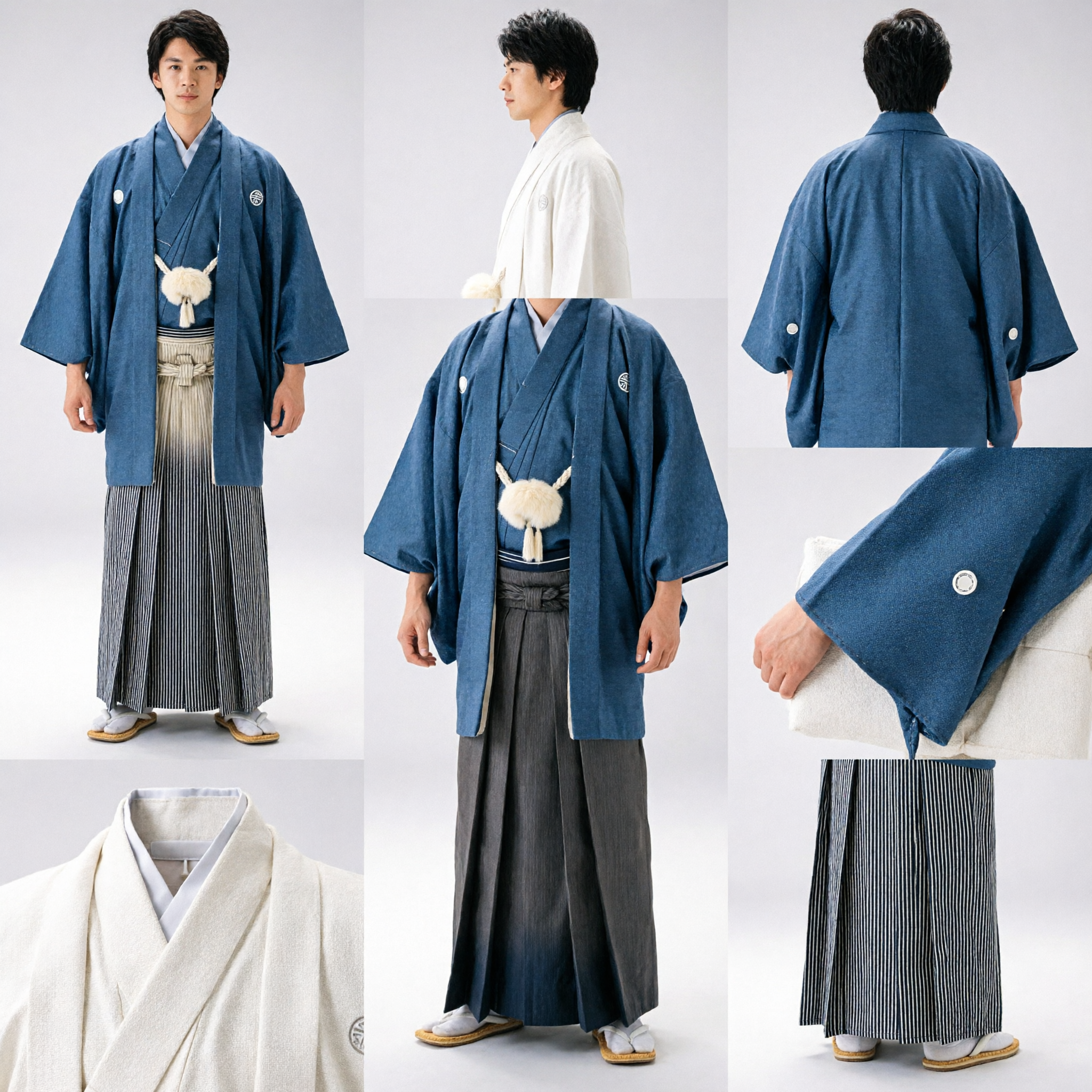 Men's Traditional Japanese Kimono and Hakama Set, White Formal Montsuki with Graduation Pleated Trousers for Ceremony Occasion