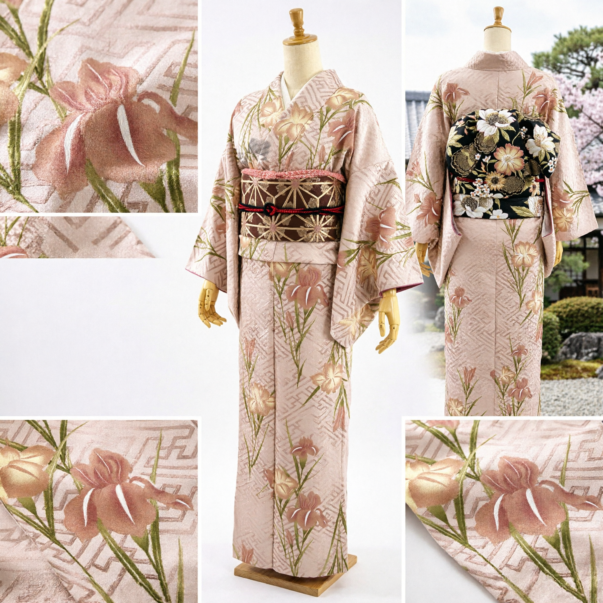 Traditional Japanese Kimono for Women Pink Floral Iris Pattern Beige Background Casual Tea Ceremony Dress