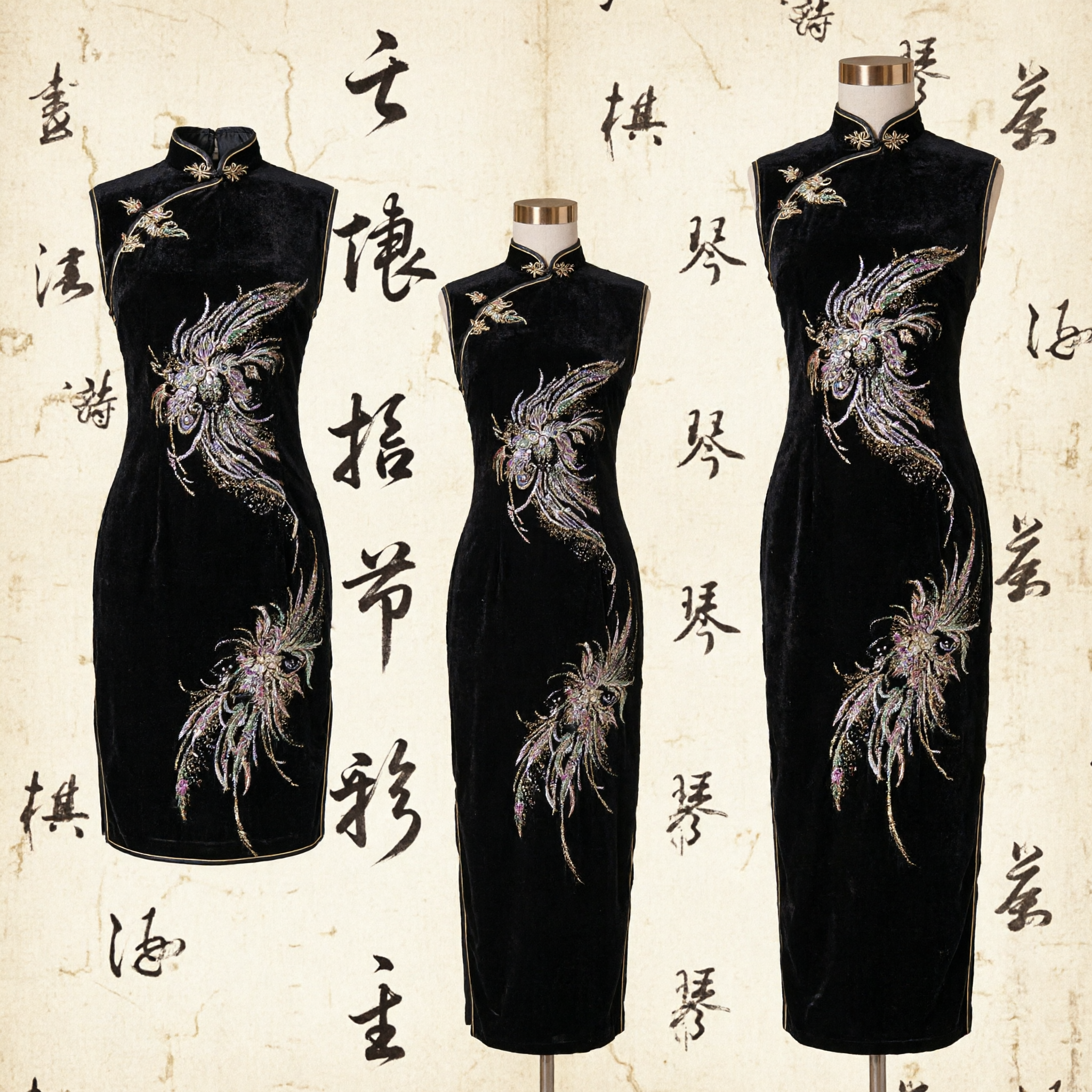 Elegant Black Velvet Cheongsam with Exquisite Phoenix Sequin Embroidery Traditional Chinese Qipao Evening Dress for Women