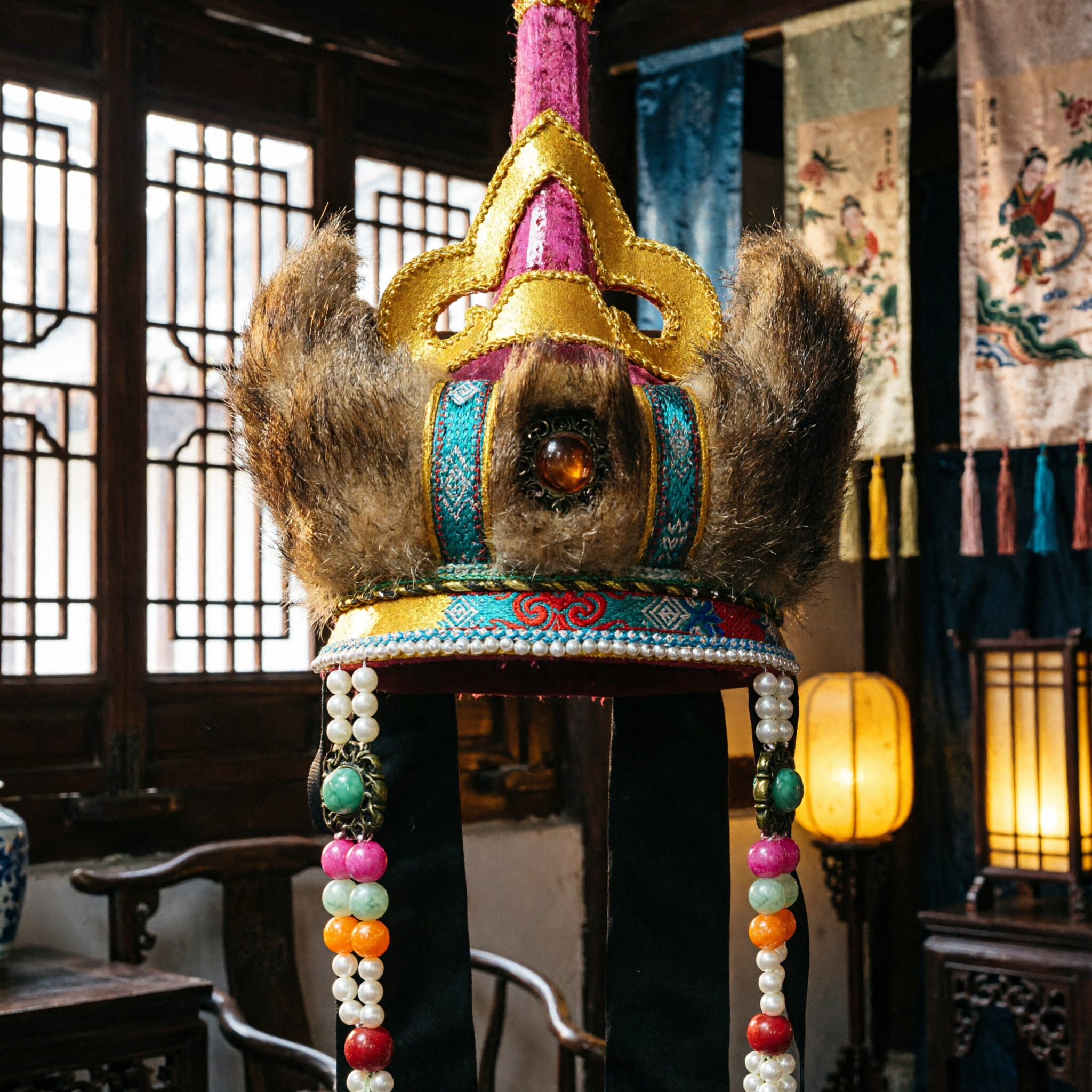 Traditional Chinese Ethnic Fur Crown Headdress with Colorful Beads for Folk Dance Stage Performance Costume