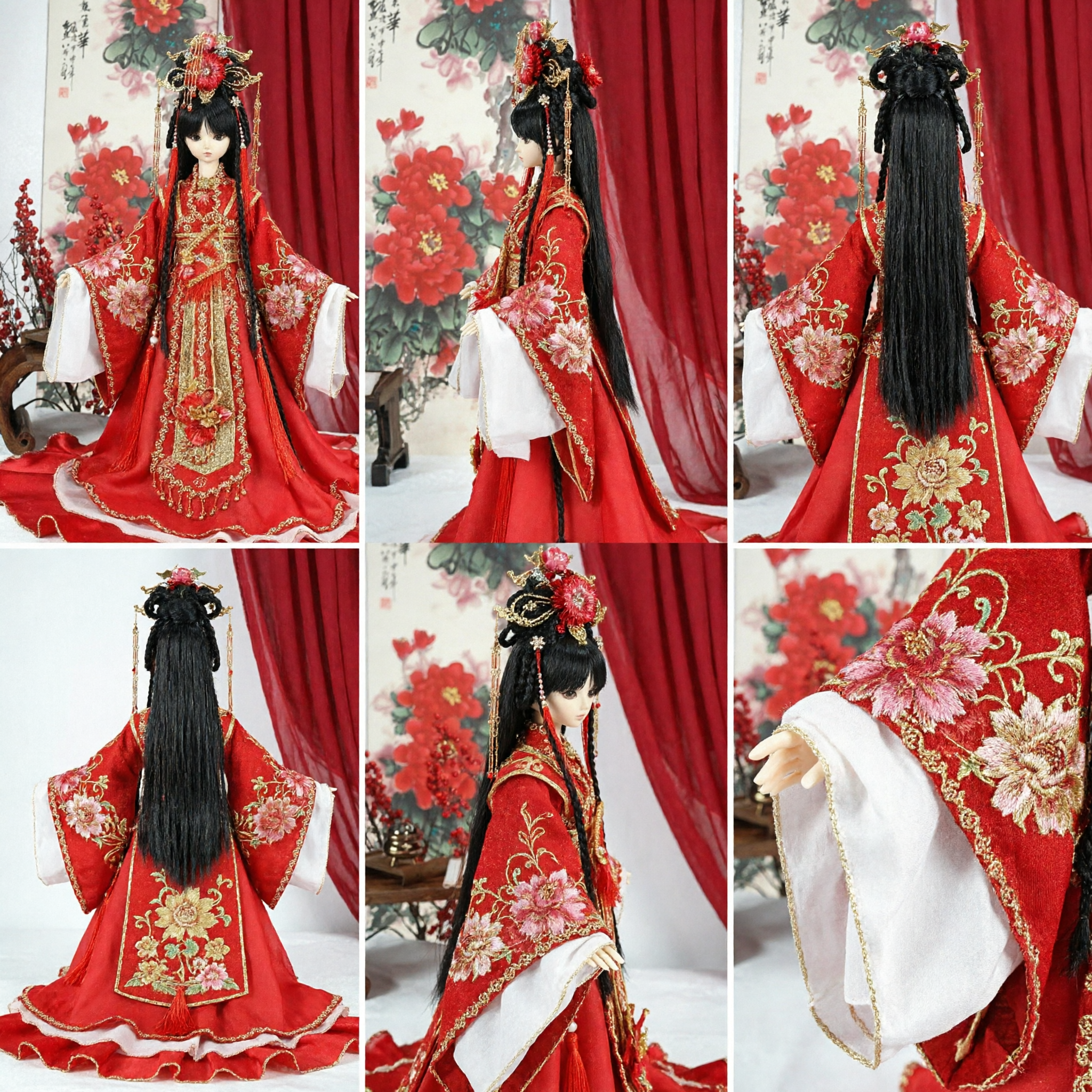 Traditional Chinese Wedding Hanfu for BJD Doll Red Ancient Costume with Gold Embroidery and Headpiece