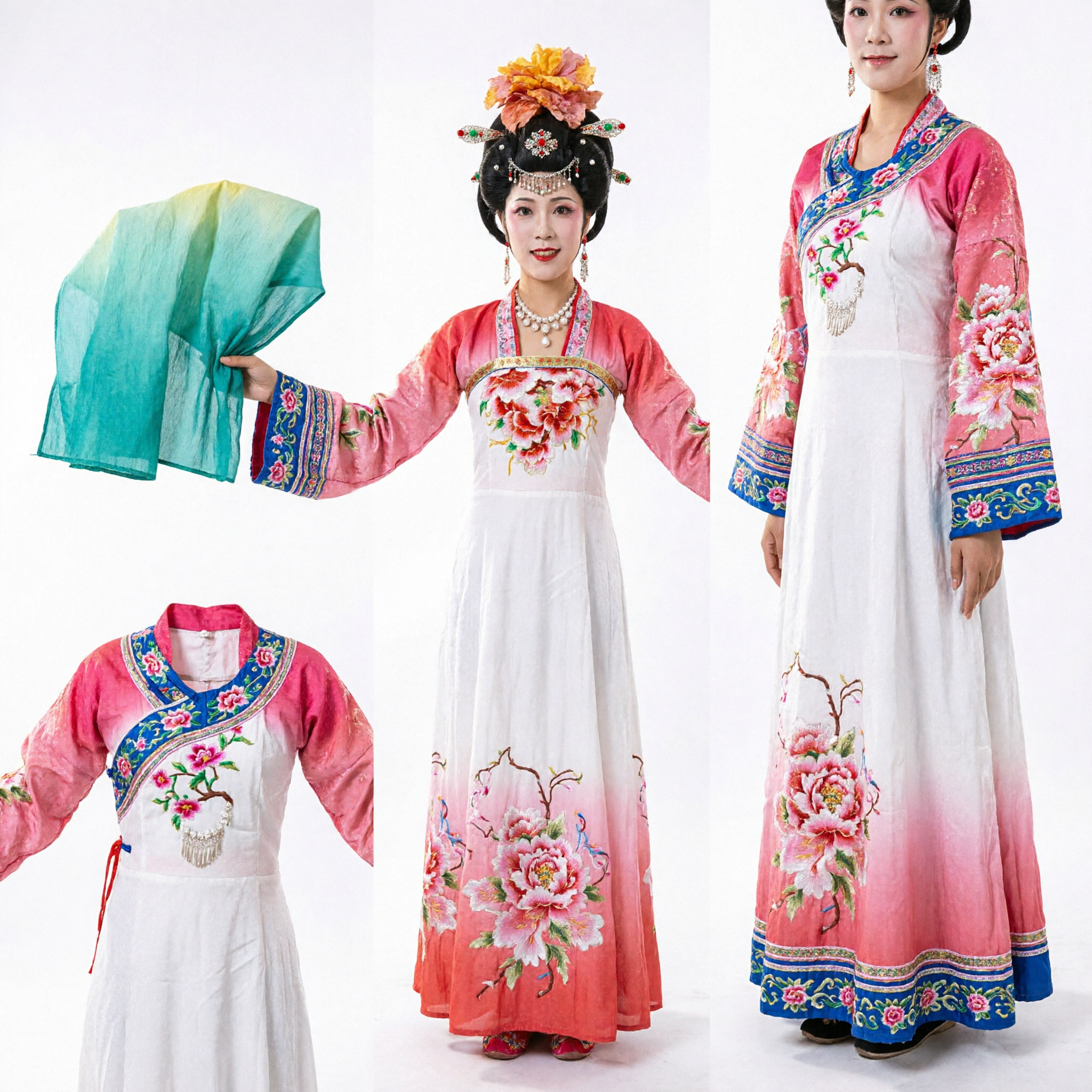 Traditional Chinese Classical Dance Ribbon Costume with Long Silk Ribbons for Women Stage Performance