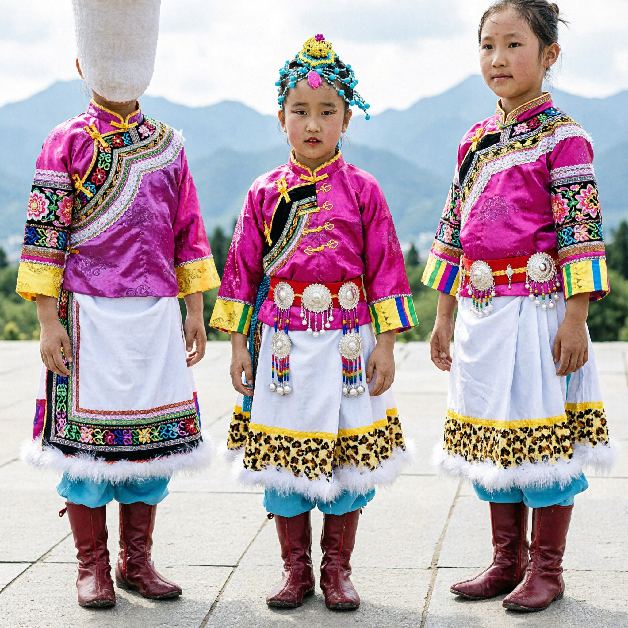 Girls Tibetan Dance Costume Traditional Pink Ethnic Performance Outfit with Leopard Print Water Sleeves