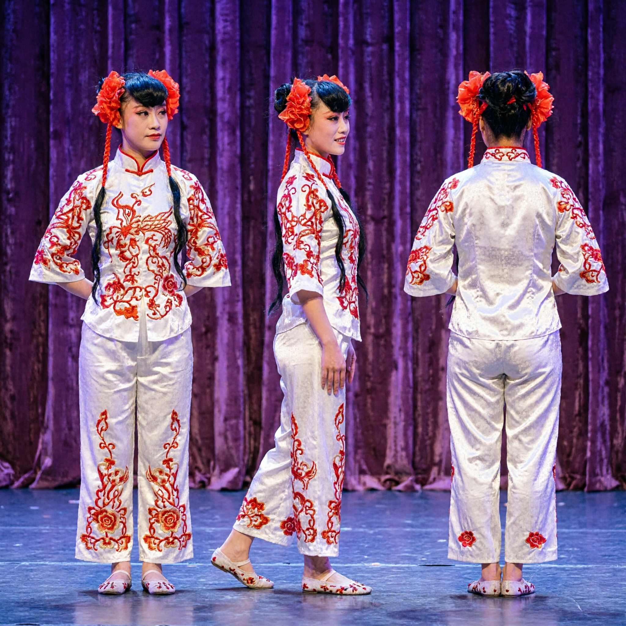 Women's Chinese Traditional Folk Dance Costume Red White Floral Pants Set Stage Performance Outfit