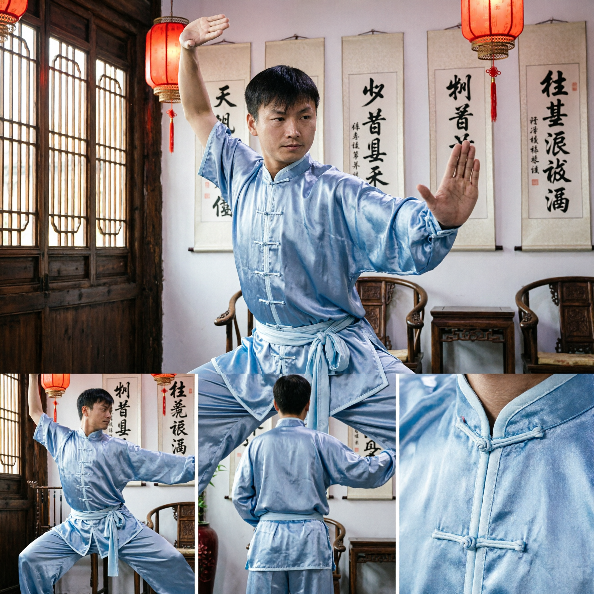 Men's Traditional Light Blue Silk Tai Chi Uniform Kung Fu Suit Martial Arts Practice Clothing Set