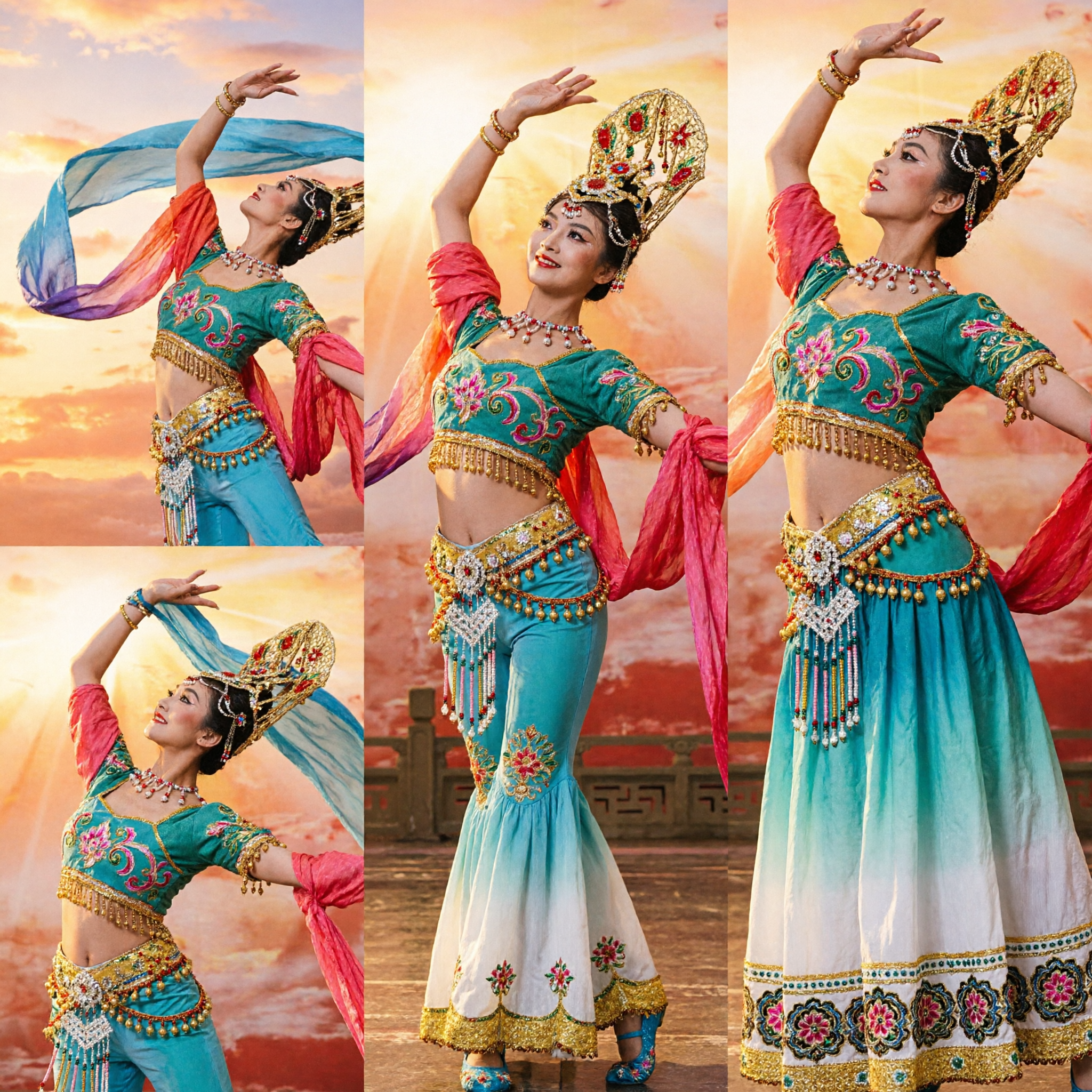 Women's Traditional Chinese Dunhuang Flying Apsaras Dance Costume with Long Silk Ribbons for Stage Performance