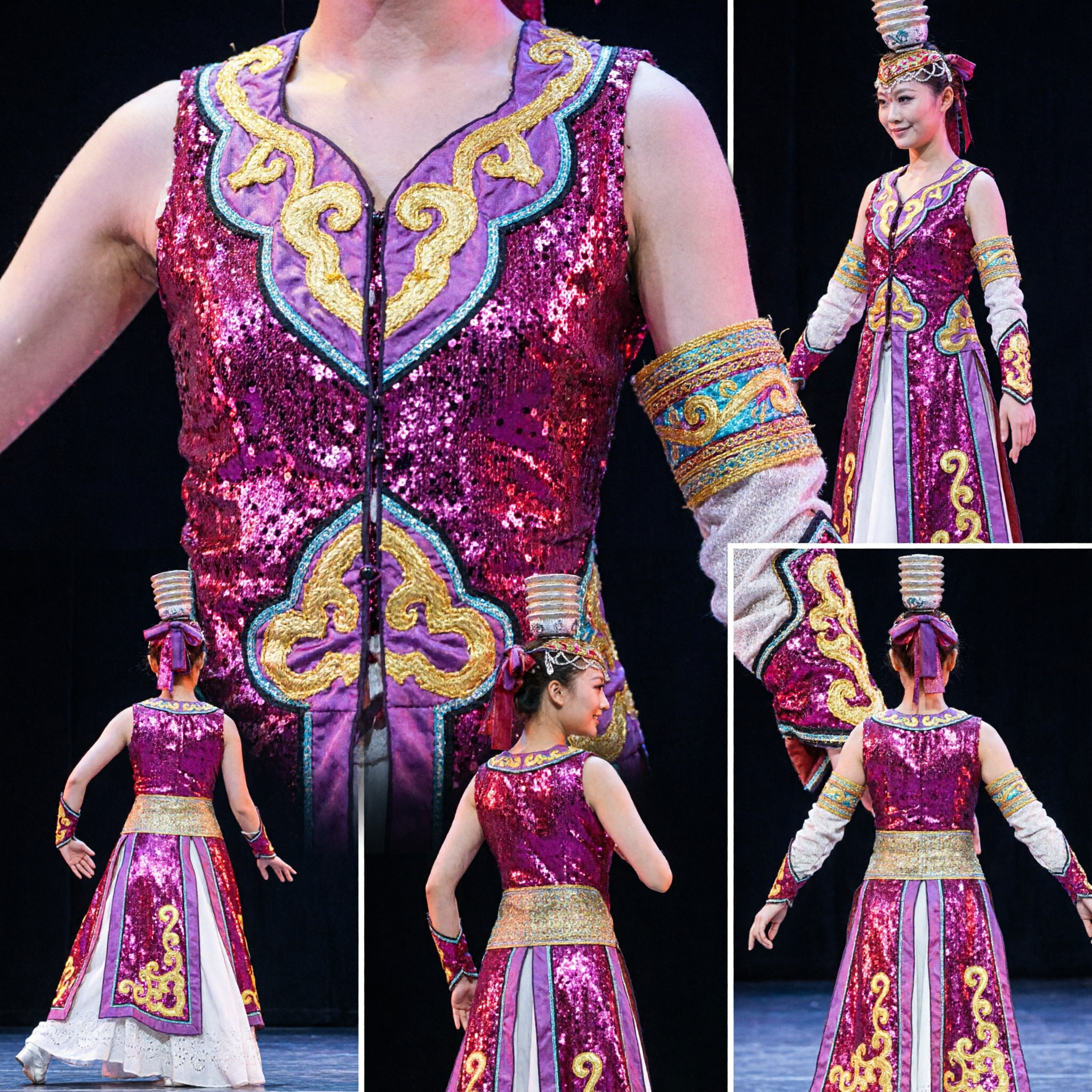 Chinese Traditional Ethnic Dance Costume for Women Pink Sequin Stage Performance Dress with Gold Headpiece