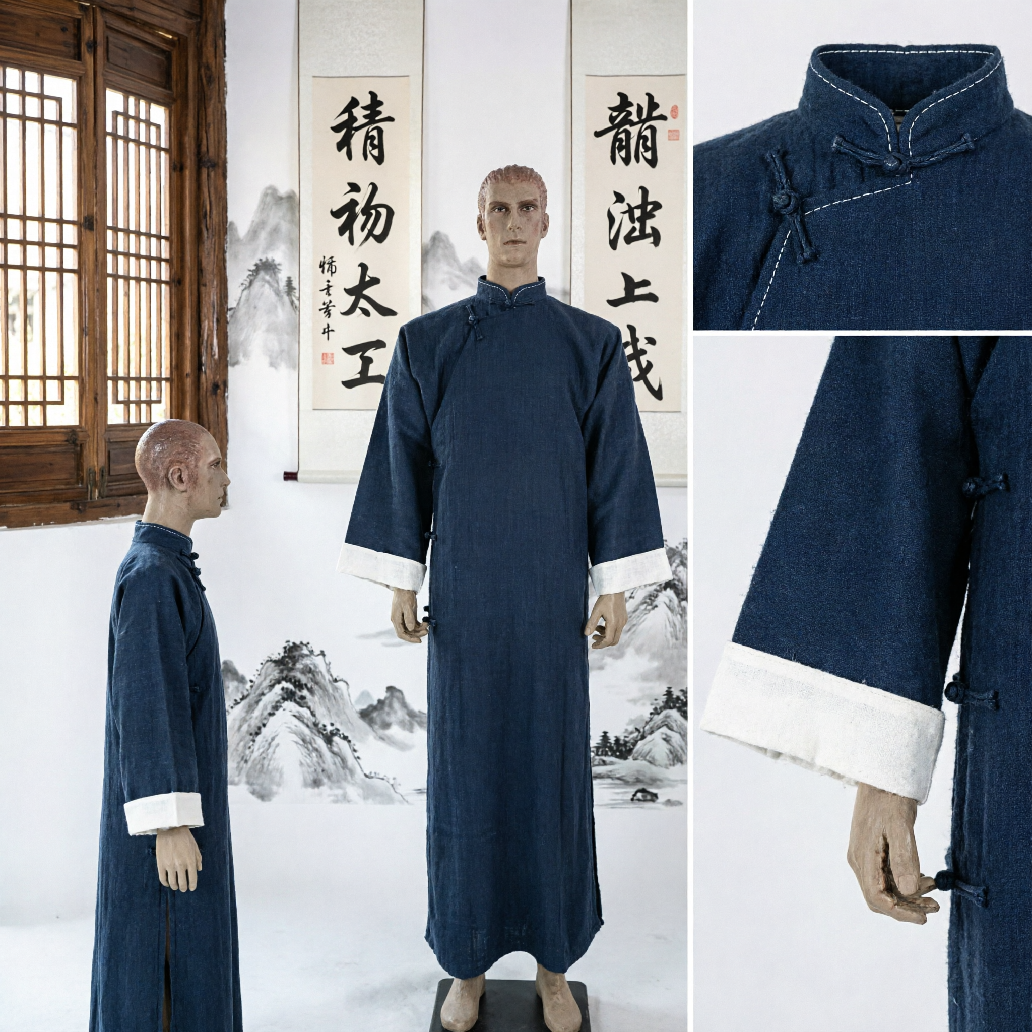 Traditional Chinese Men's Changshan Long Gown Dark Blue Tang Suit Mandarin Collar Costume for Performance