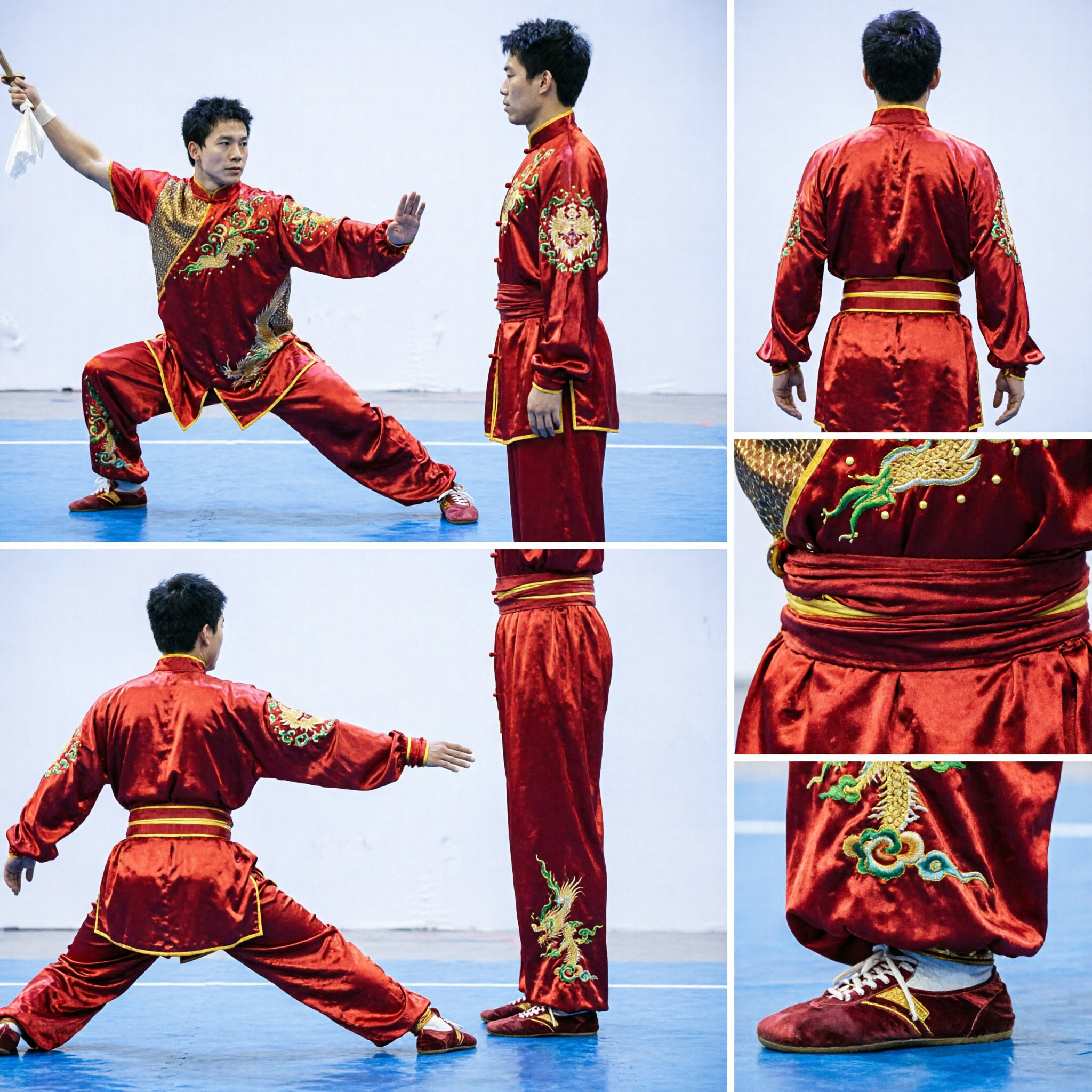 Men's Red Dragon Embroidery Kung Fu Uniform Traditional Wushu Martial Arts Competition Costume Set