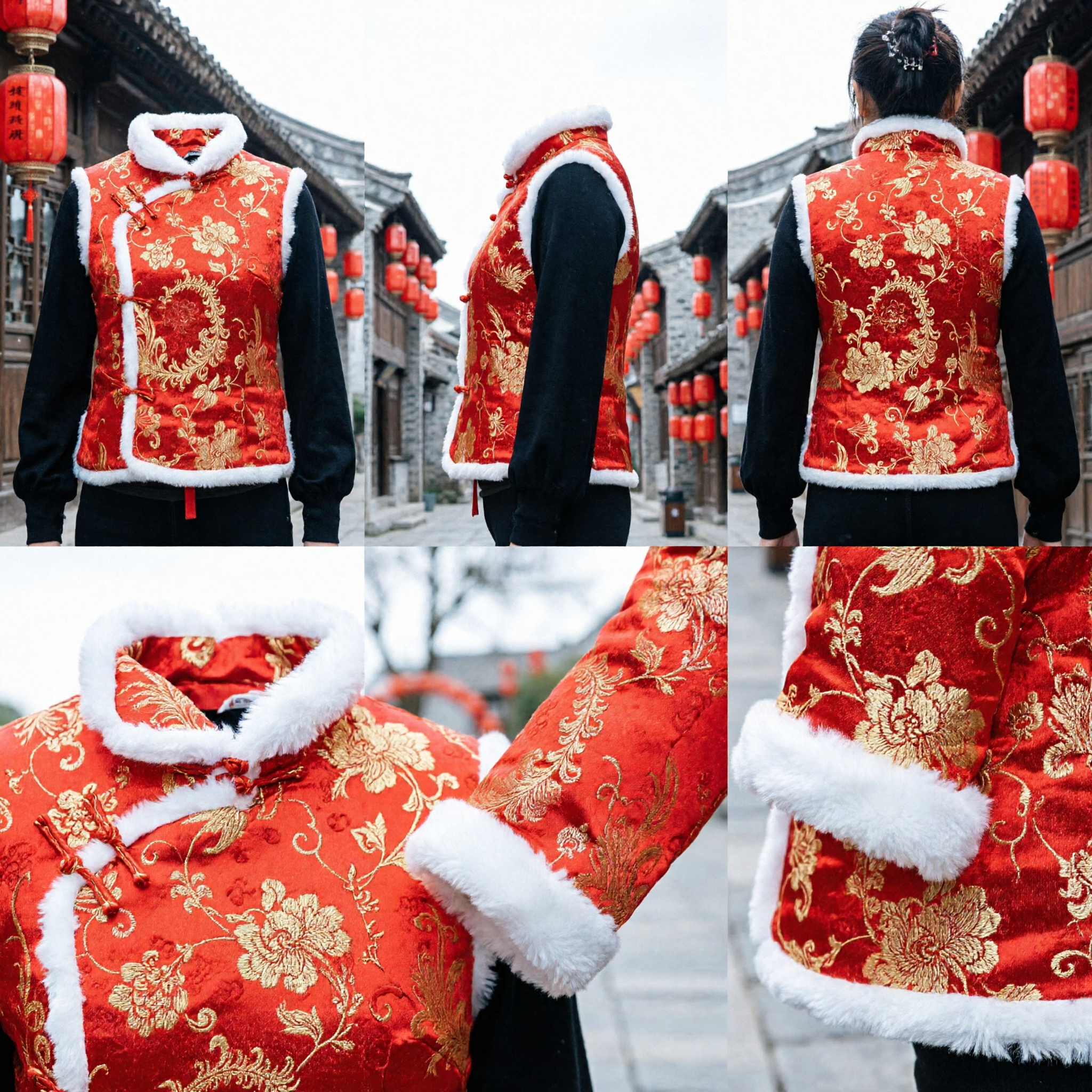 Traditional Chinese Red Tang Suit Vest with White Fur Trim Brocade Waistcoat for Women Winter Spring Festival