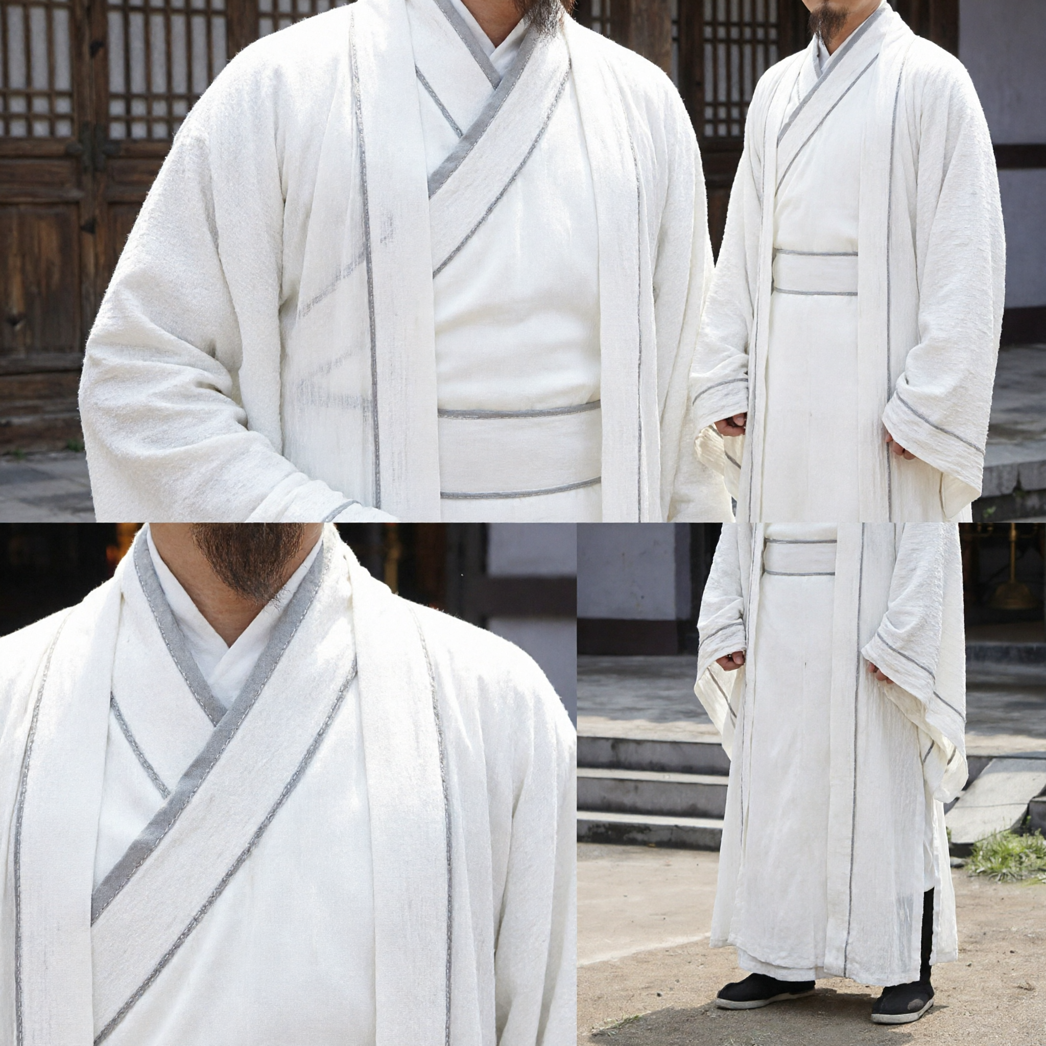 Men's White Hanfu Traditional Chinese Ancient Swordsman Robe Wide Sleeve Taoist Costume for Cosplay Performance
