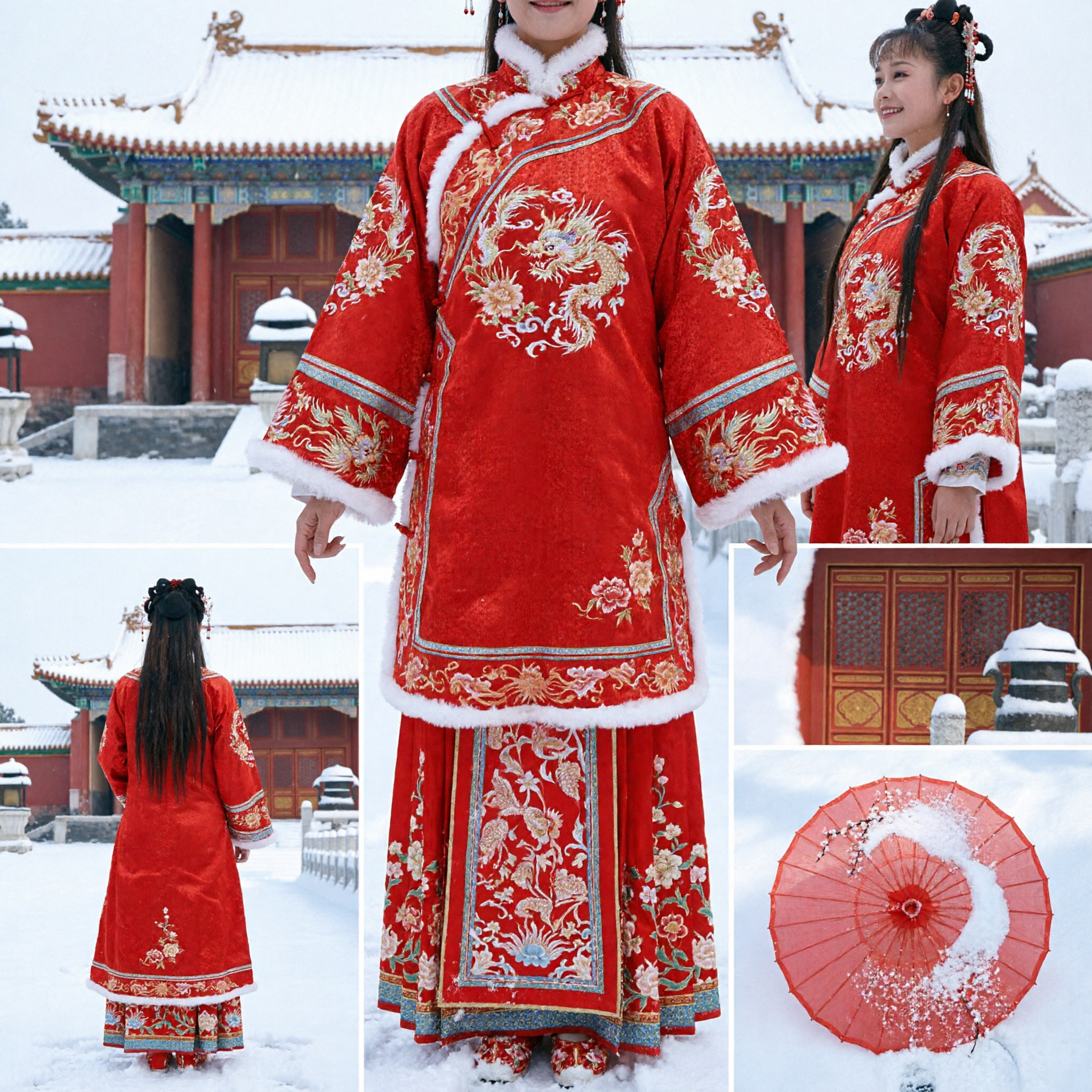 Women's Traditional Chinese Qing Dynasty Princess Red Wedding Hanfu Costume with Fur Trim Cloak and Umbrella