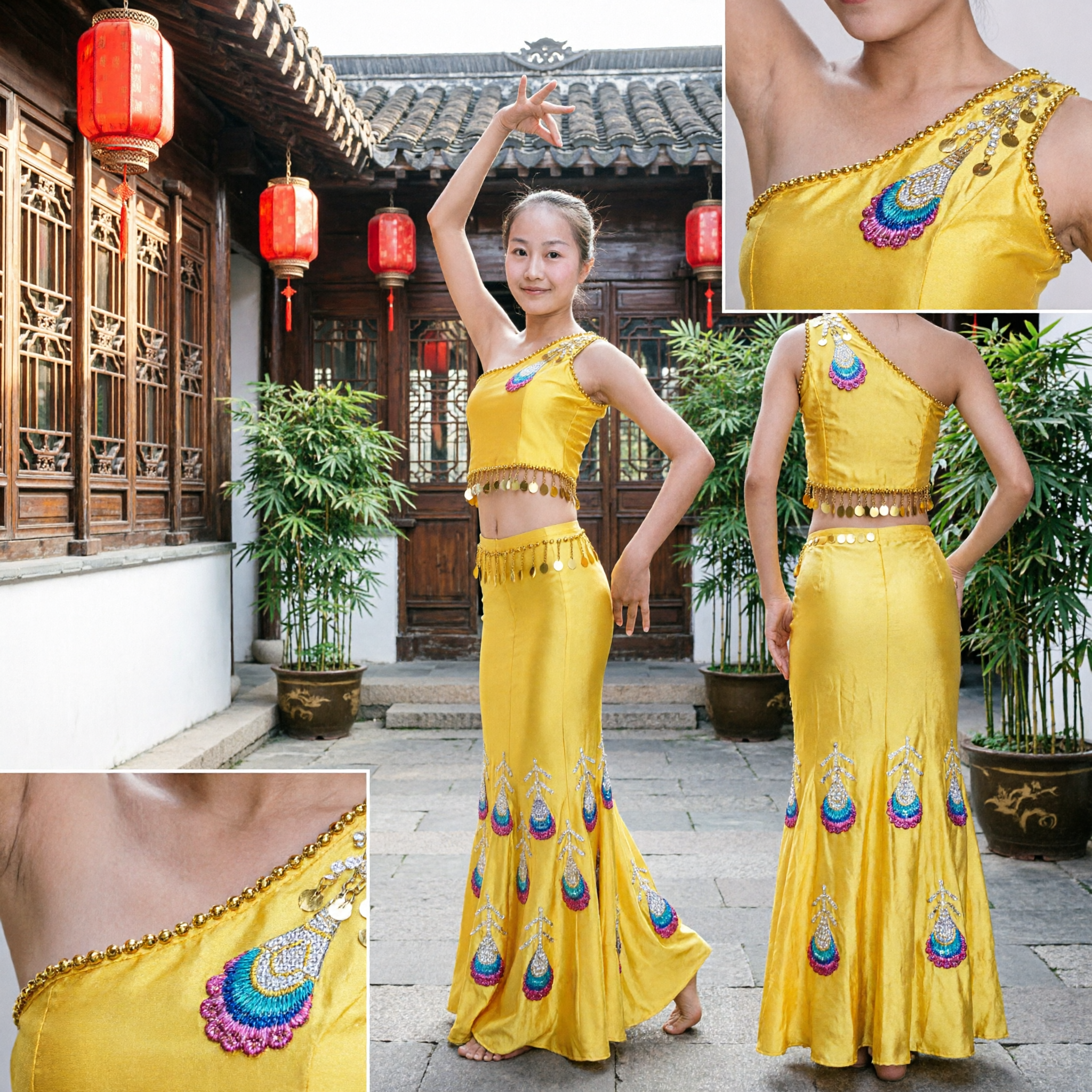 Traditional Yellow Dai Ethnic Peacock Dance Costume Two-Piece Fishtail Skirt Set for Women Stage Performance