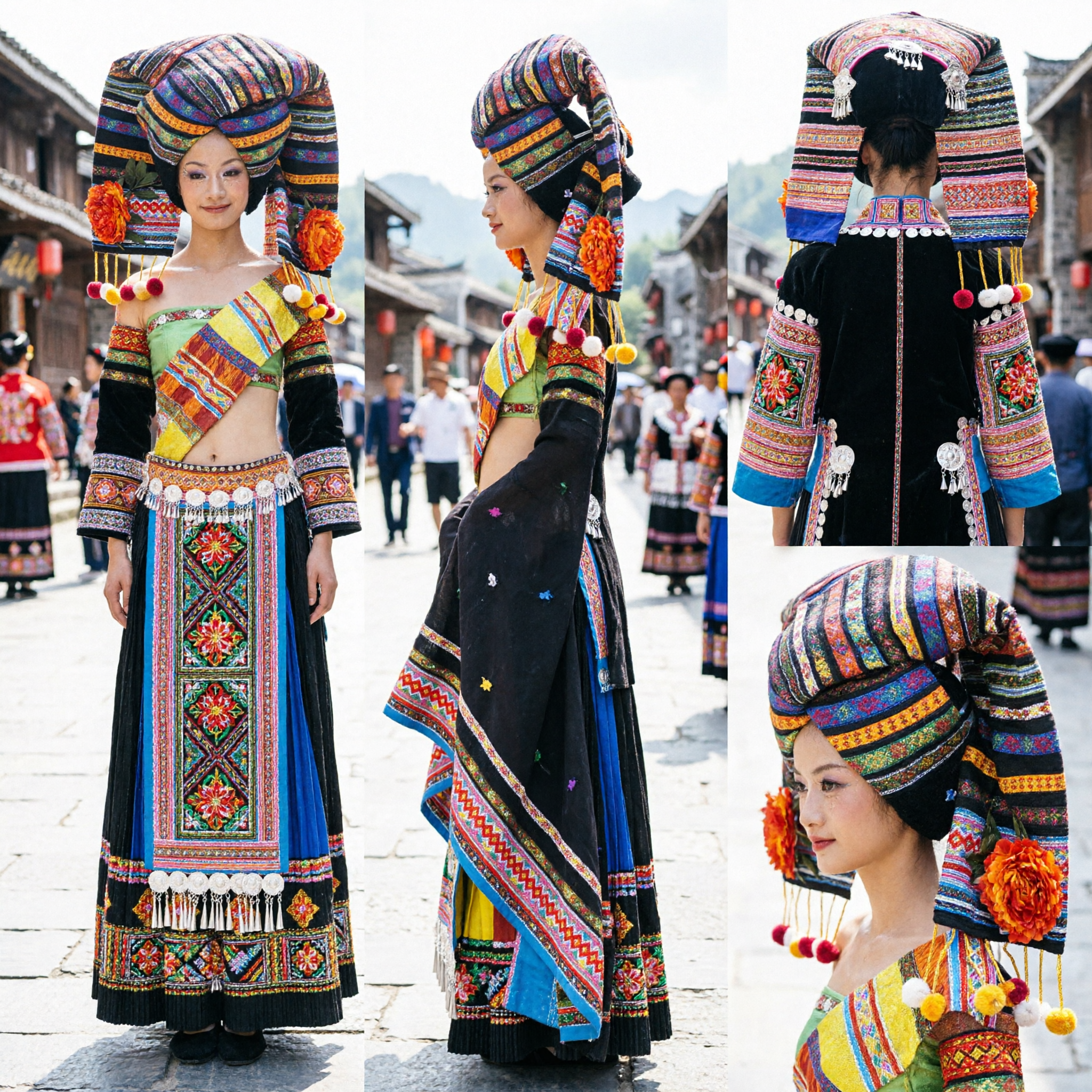 Women's Traditional Chinese Ethnic Minority Folk Dance Costume with Headdress for Cultural Stage Performance