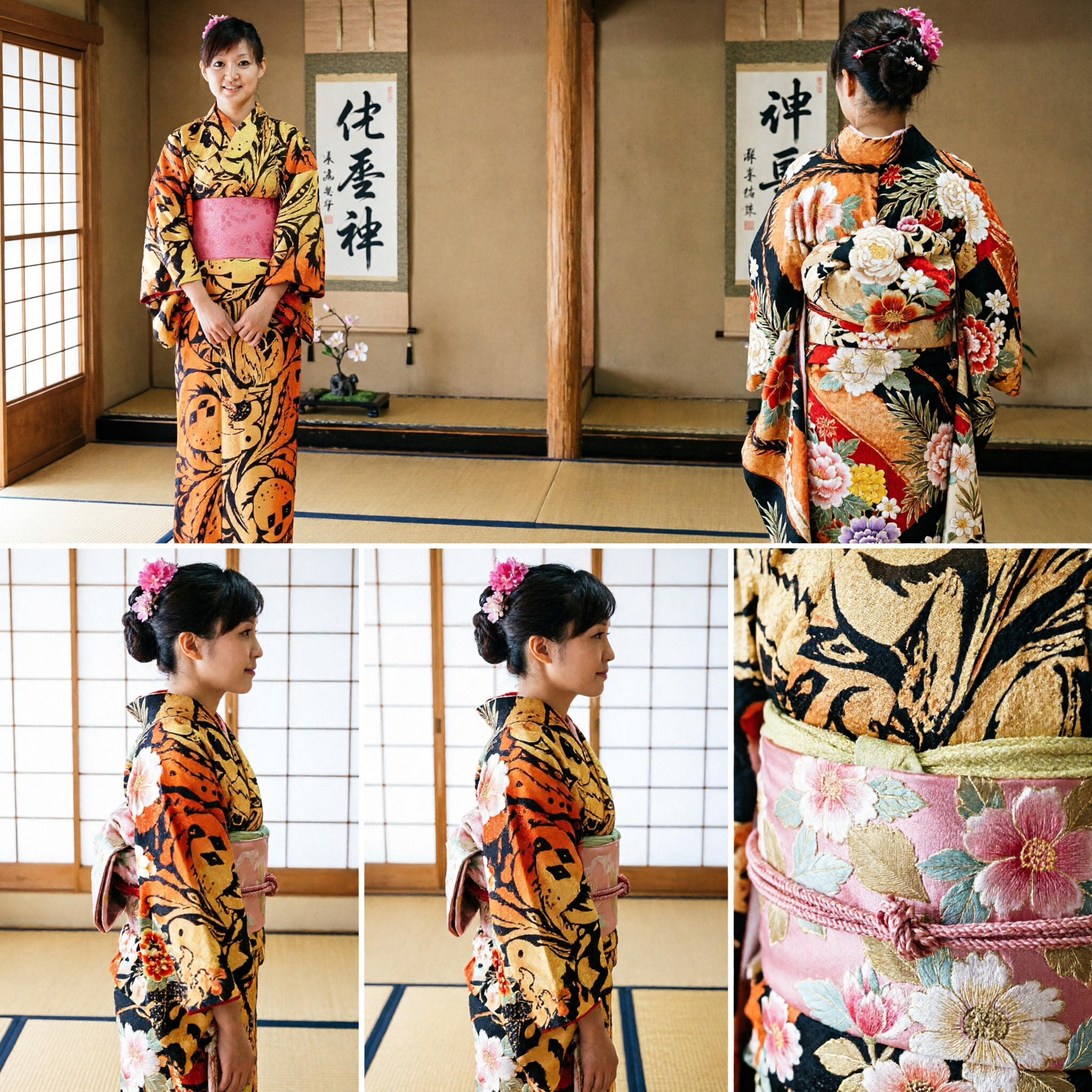 Vibrant Yellow and Orange Japanese Kimono with Black Abstract Pattern and Pink Obi Sash for Women