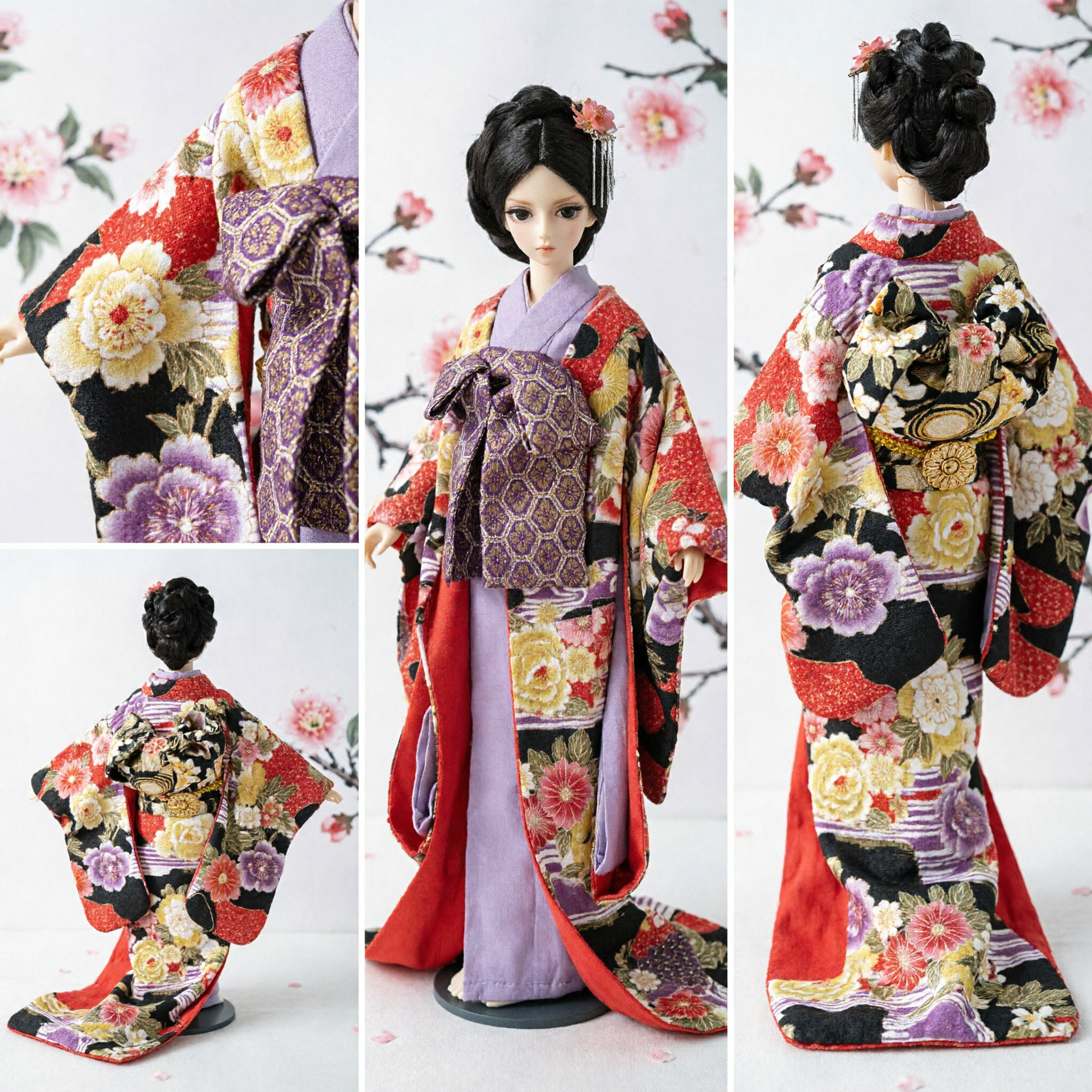 Exquisite Japanese Kimono Costume Set for Dolls Traditional Geisha Style Floral Dress with Hair Accessories