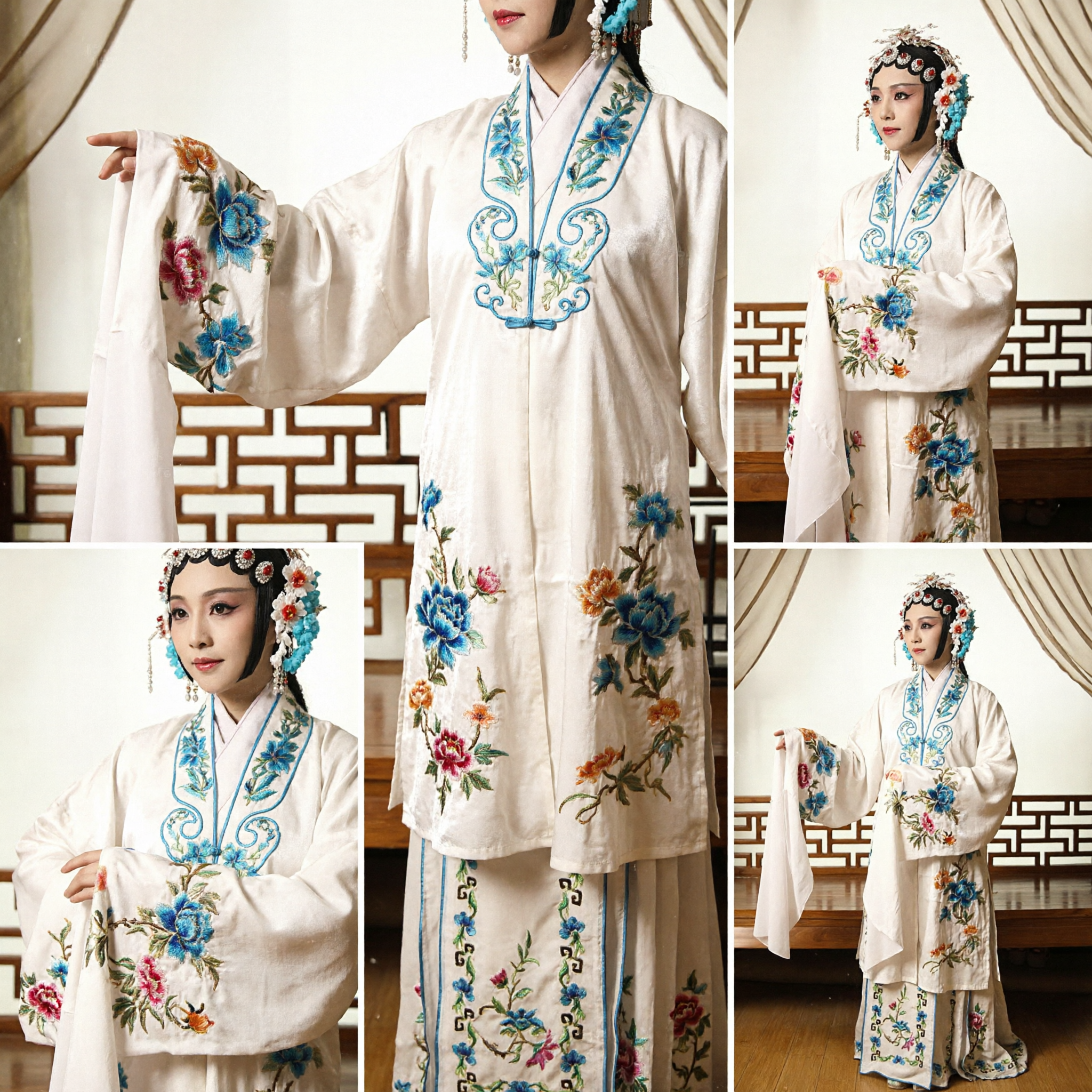Traditional Chinese Peking Opera Costume White Embroidered Robe with Long Water Sleeves for Female Dan Role Performance