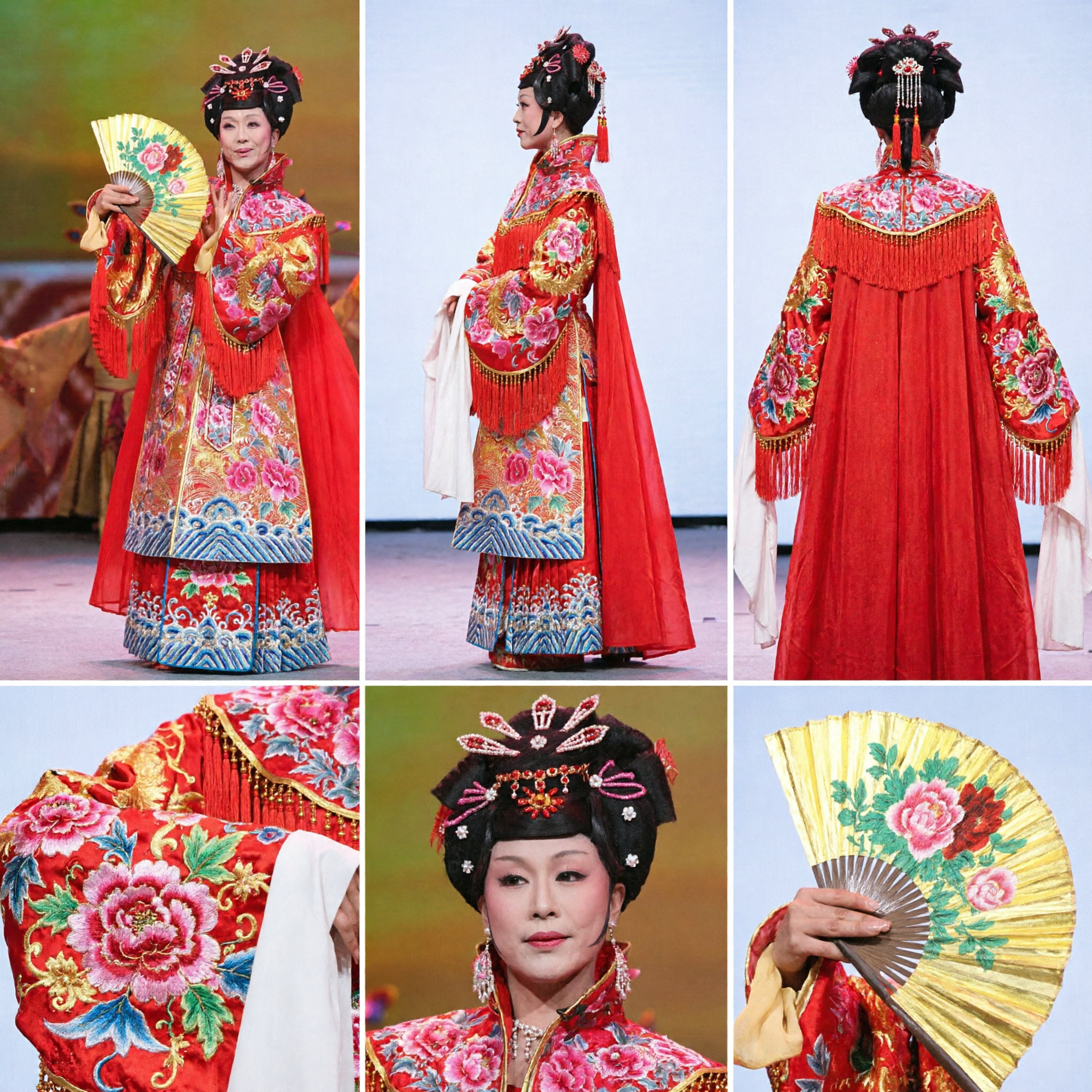 Traditional Chinese Peking Opera Female Costume Red Embroidered Robe Performance Dress with Headdress and Fan for Stage