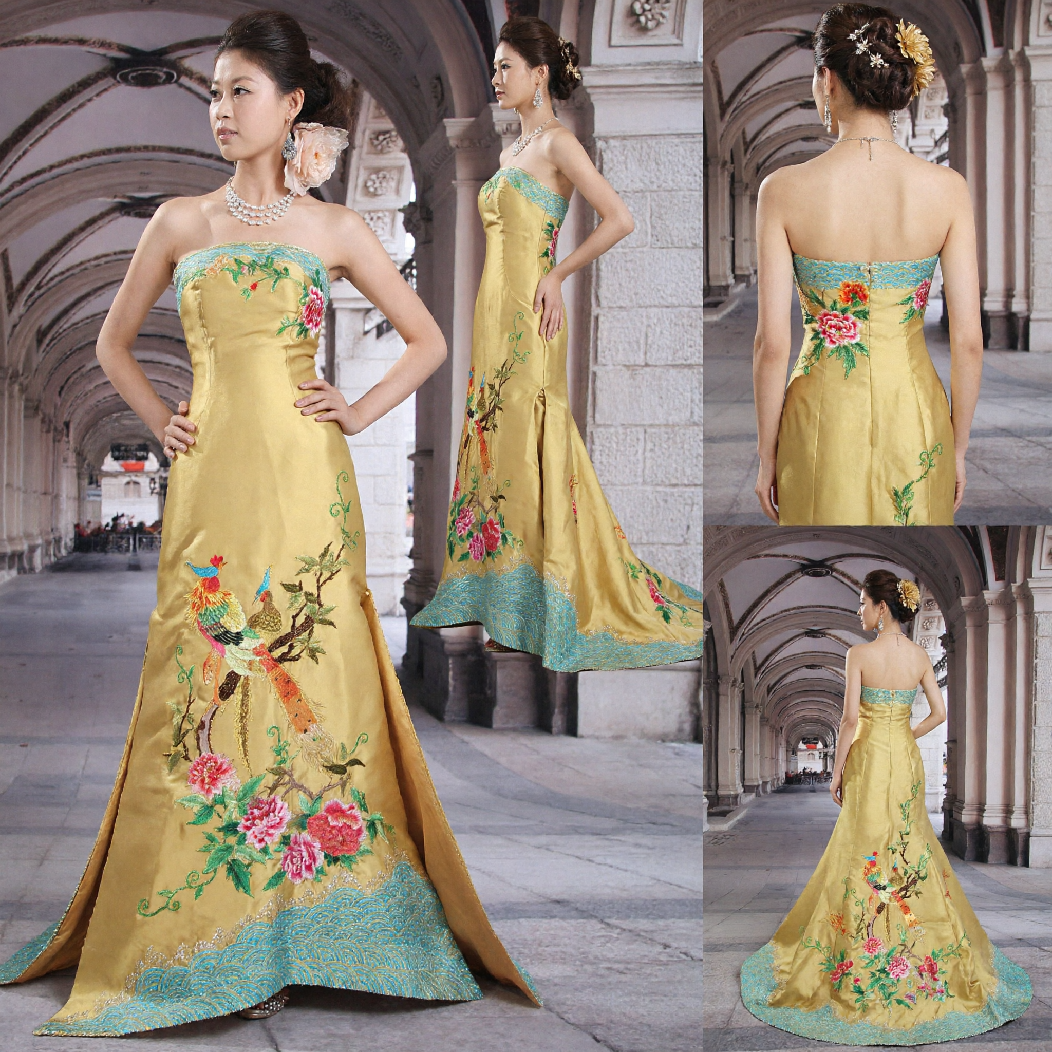 Elegant Yellow Strapless Chinese Cheongsam Evening Gown with Phoenix and Peony Embroidery for Wedding Banquet