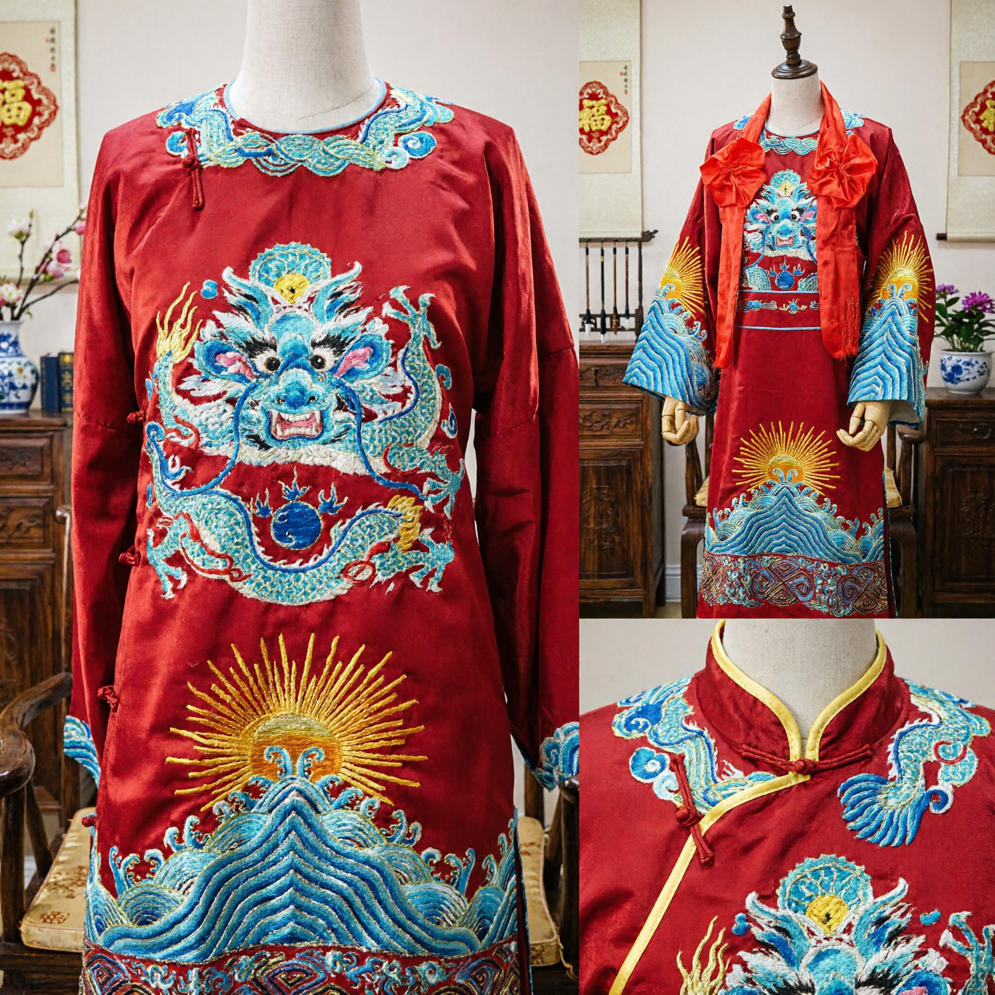 Men's Traditional Chinese Peking Opera Costume Red Embroidered Dragon Robe Ancient Official Clothing for Performance
