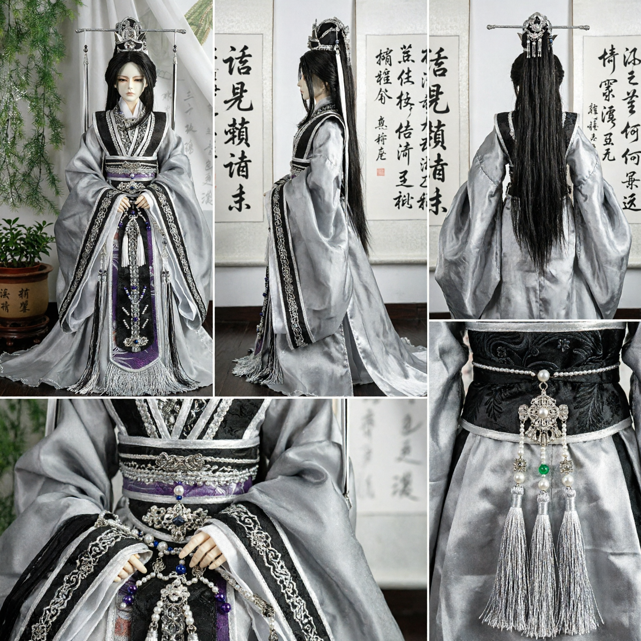 Exquisite Traditional Chinese Ancient Scholar Hanfu Costume for Dolls Silver and Black Nobleman Set with Crown