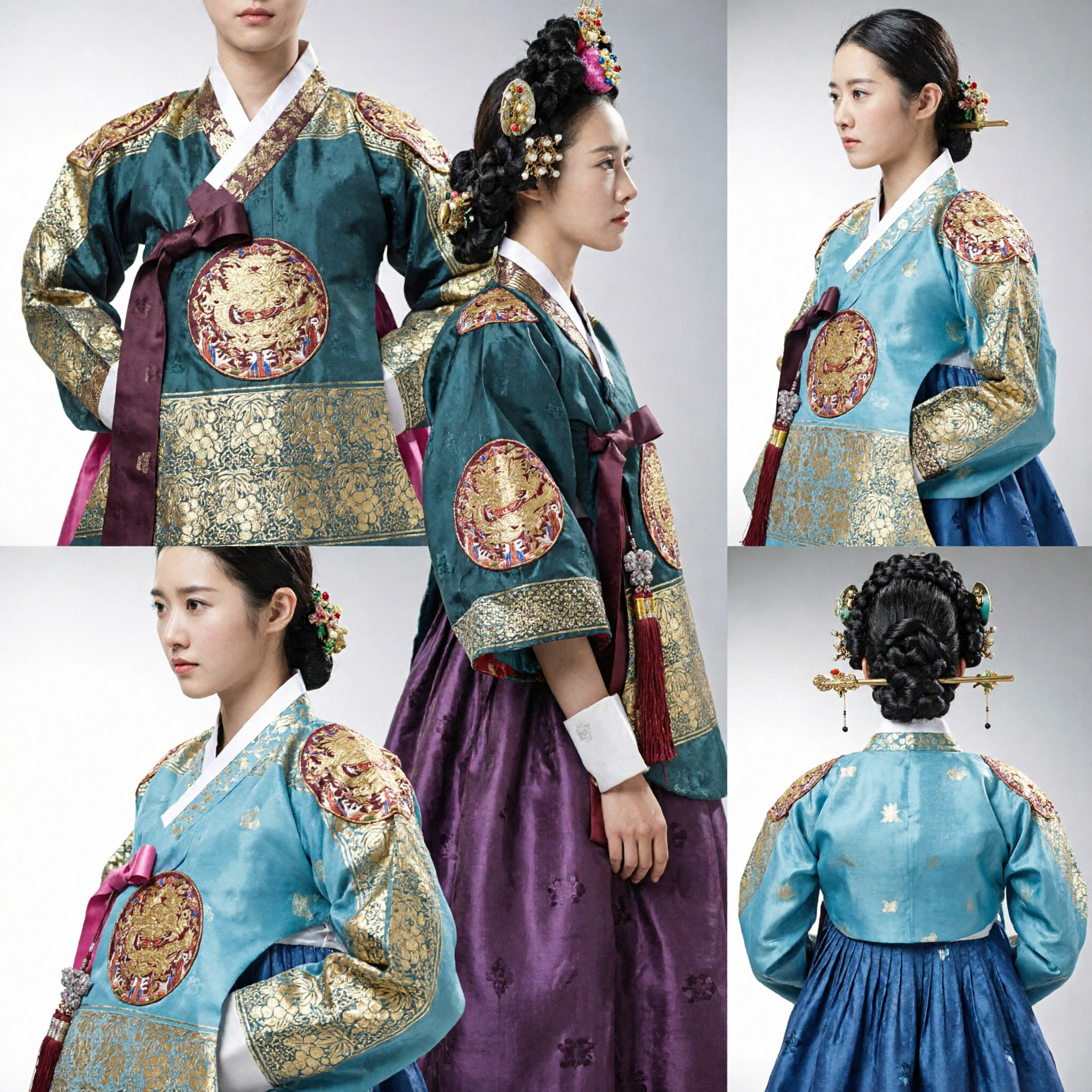Women's Traditional Korean Royal Court Hanbok Green Velvet Jeogori with Gold Embroidery for Weddings and Festivals