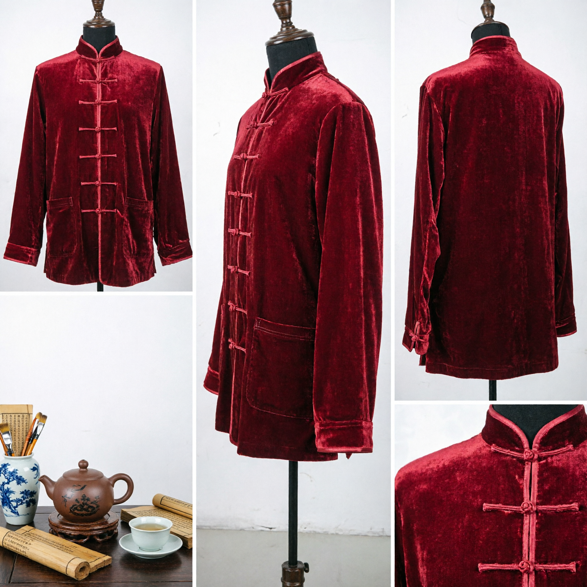 Men's Traditional Chinese Red Velvet Tang Suit Jacket Mandarin Collar Kung Fu Martial Arts Top