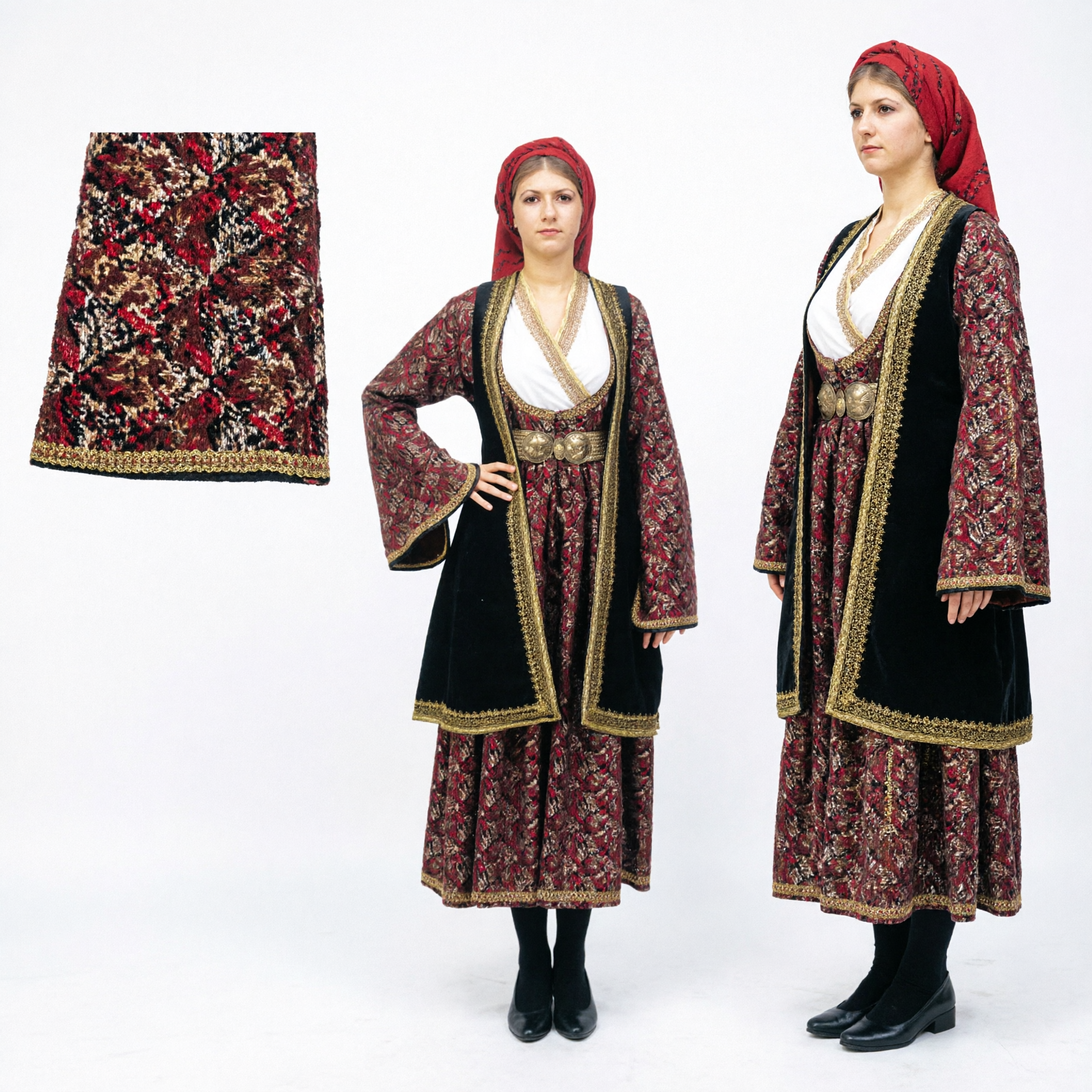 Traditional Armenian Women's Folk Costume with Velvet Vest and Gold Belt for Cultural Dance Performance