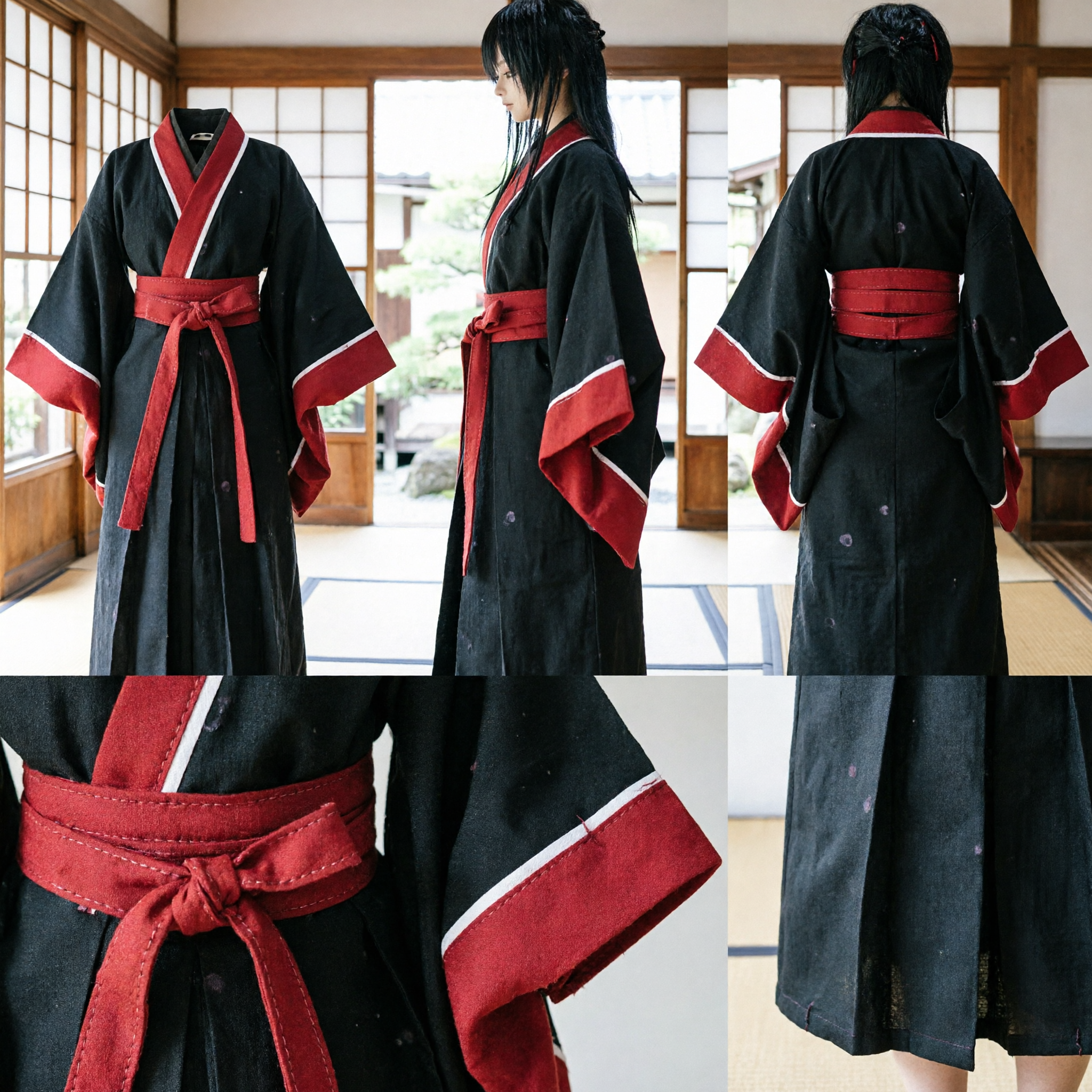 Black and Red Samurai Kimono Costume for BJD Dolls Traditional Japanese Warrior Outfit Cosplay