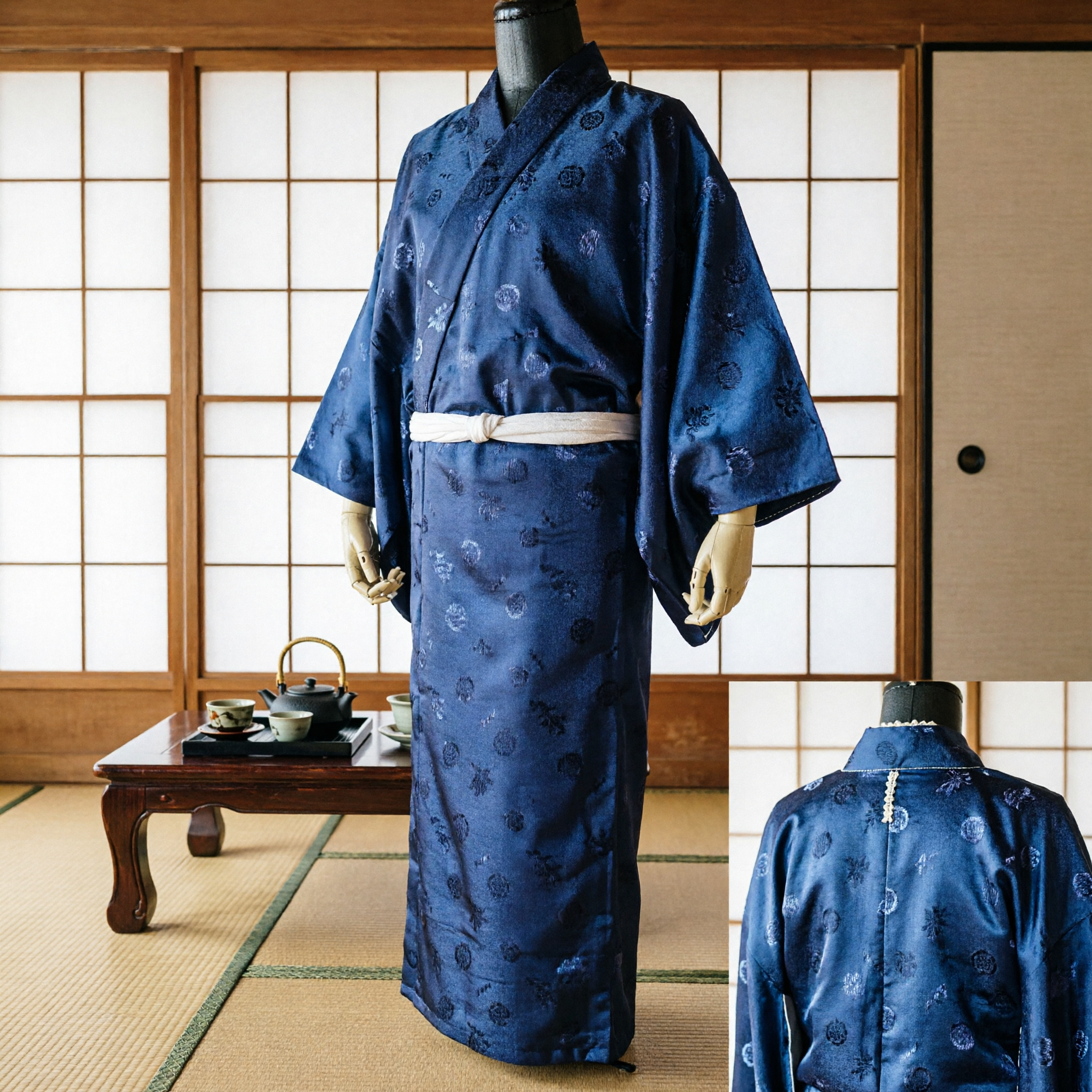 Men's Traditional Japanese Blue Kimono Yukata Robe with White Obi Sash for Festivals and Cosplay
