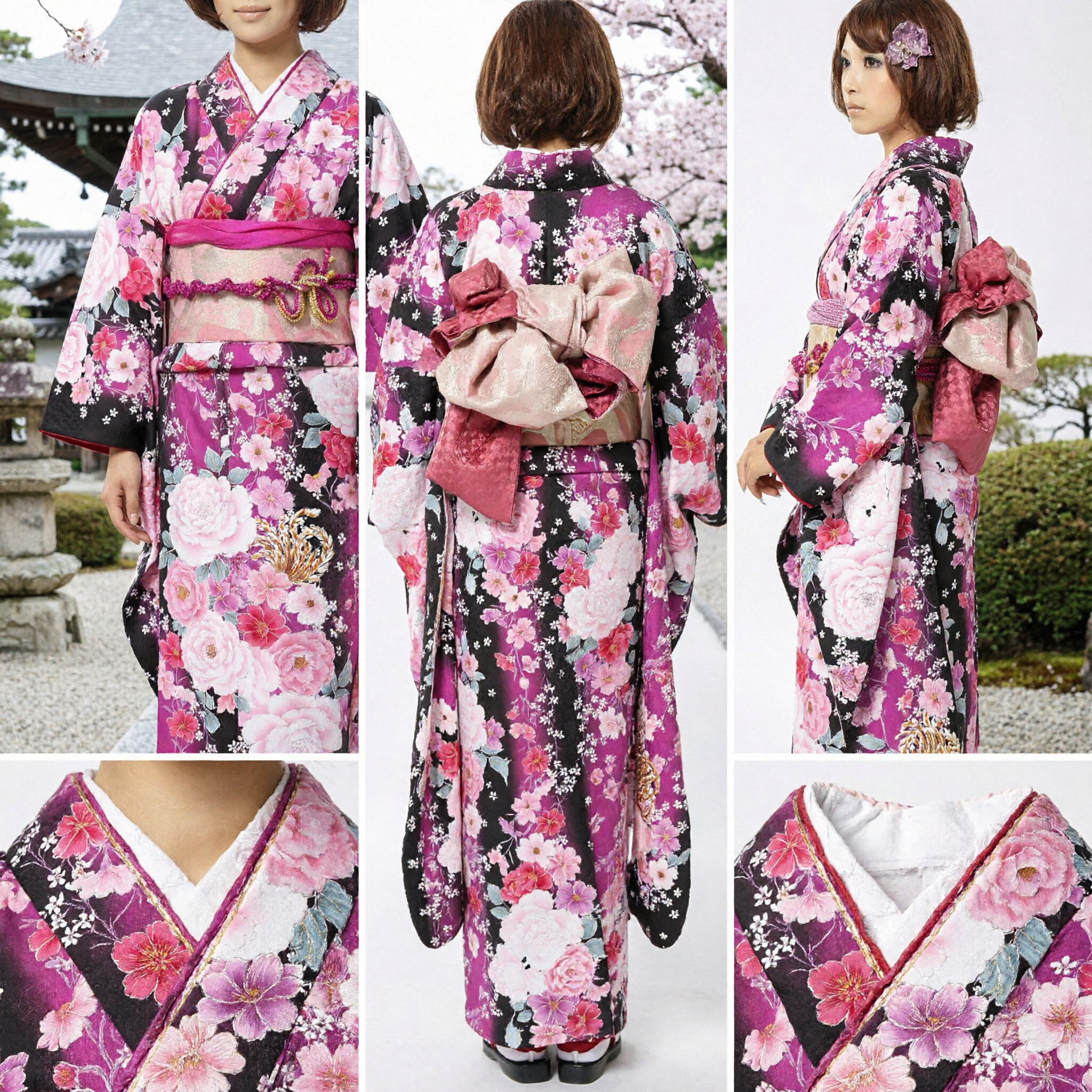 Women's Black Furisode Kimono 7-Piece Set with Vibrant Pink Rose Pattern for Formal Weddings and Ceremonies