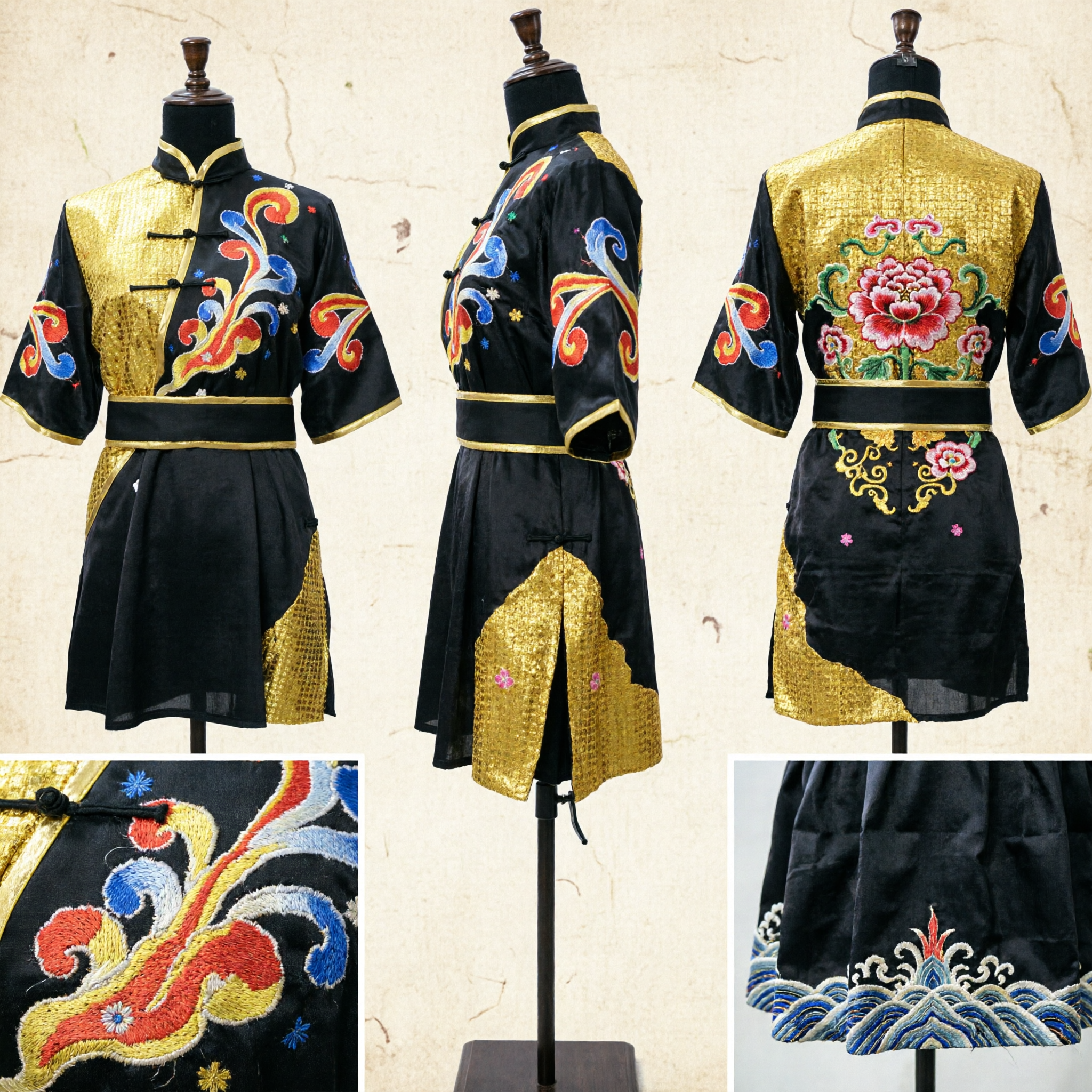 Traditional Chinese Martial Arts Wushu Uniform Performance Costume with Colorful Embroidery and Gold Sequins