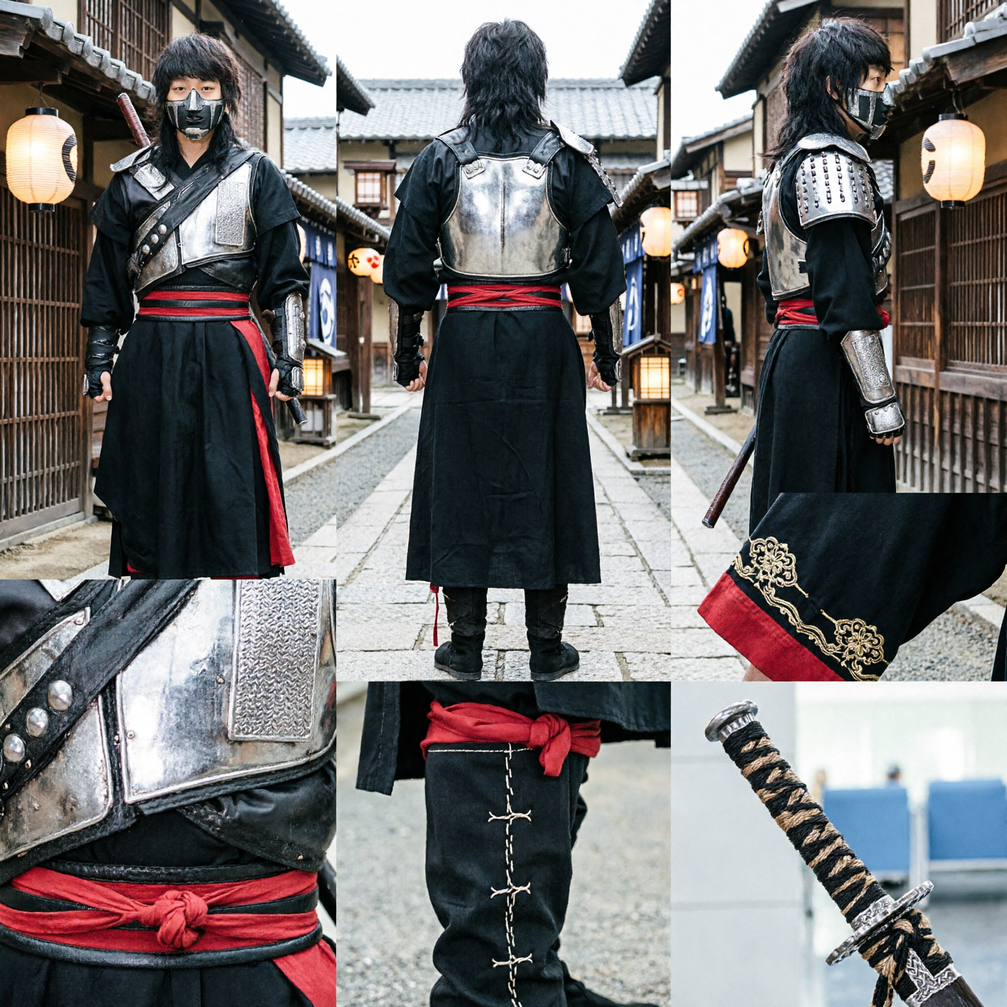 Ancient Chinese Assassin Warrior Costume Black Ninja Robe with Silver Armor for Men Cosplay Stage Performance