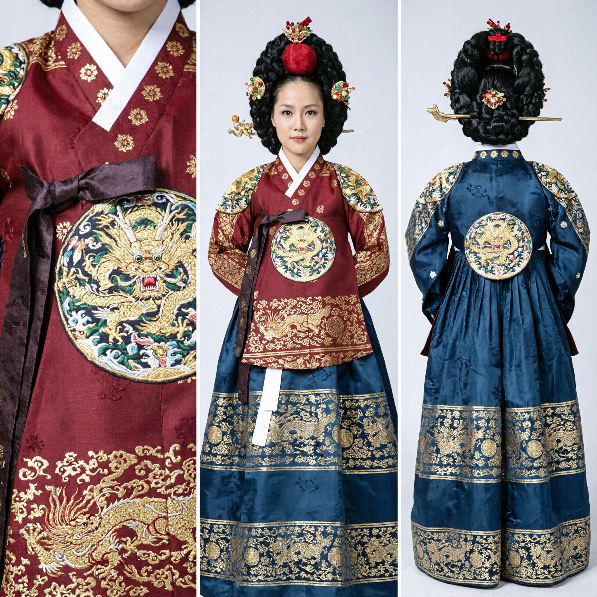 Royal Court Style Korean Hanbok Traditional Dress Red and Blue Embroidered Wedding Gown for Women