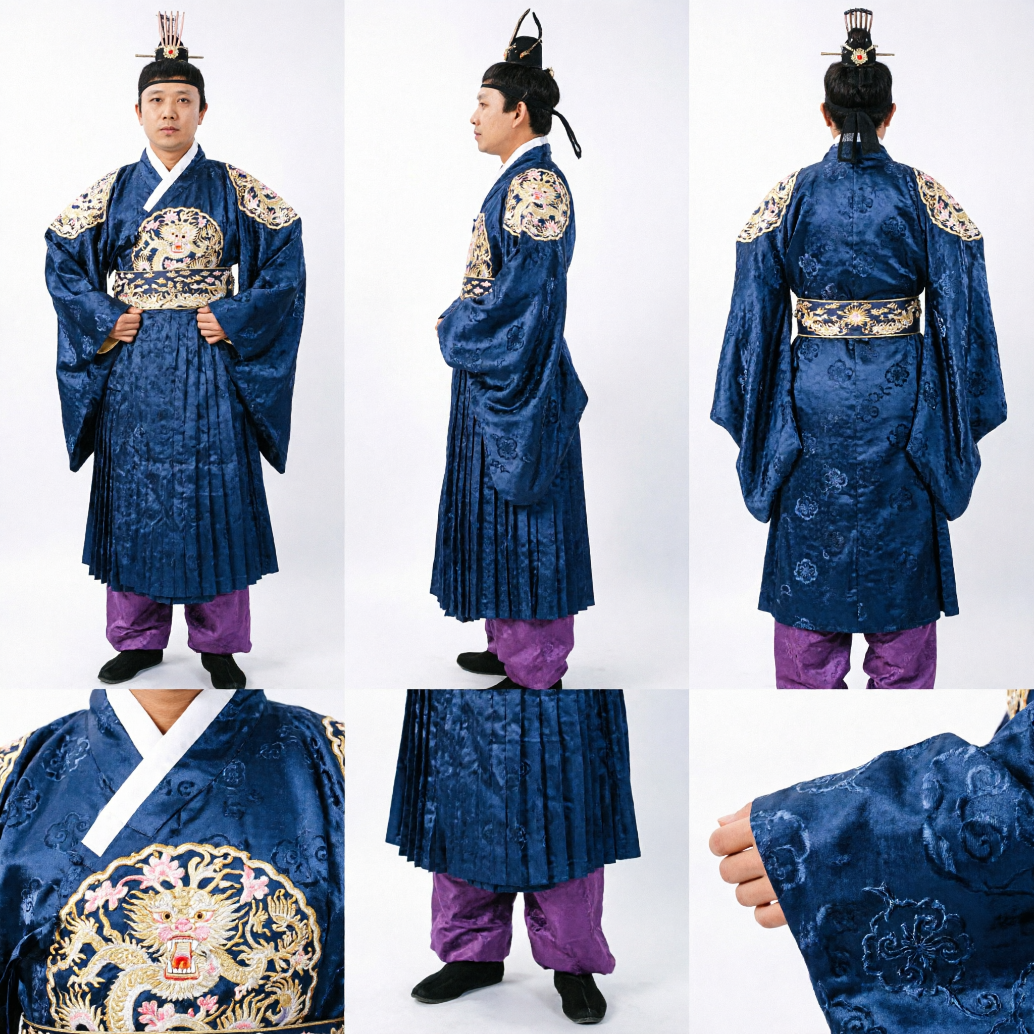 Men's Royal Dark Blue Korean Hanbok Traditional Wedding Groom Costume with Embroidered Jacket and Purple Pants