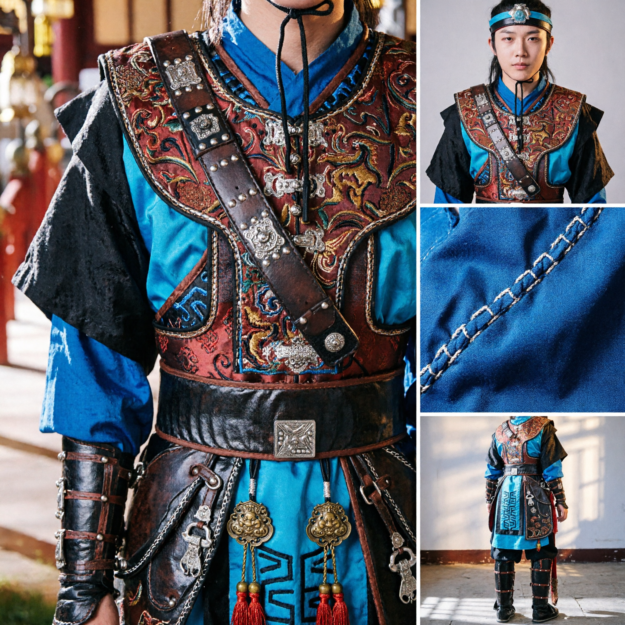 Men's Korean Traditional Royal Guard Warrior Costume Blue Historical Hanbok for Cosplay and Stage Performance