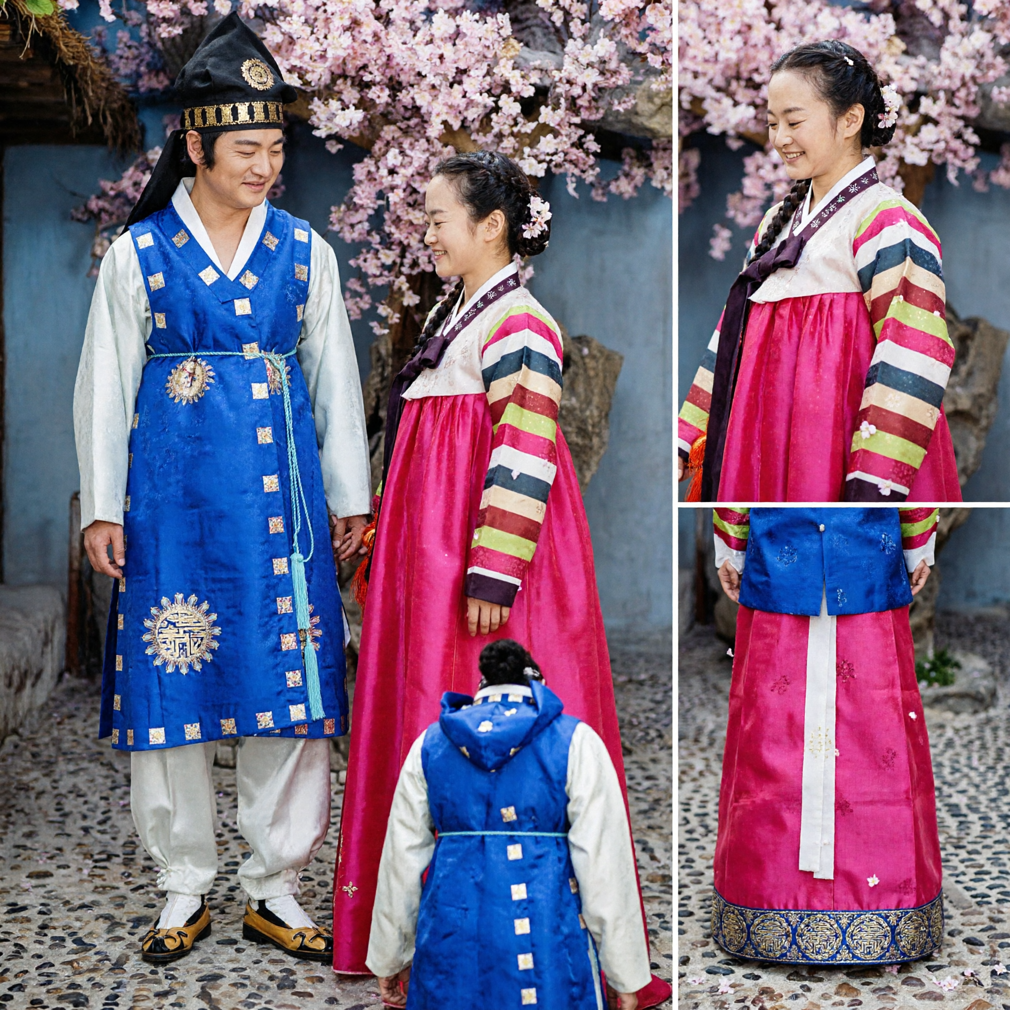 Traditional Korean Hanbok Wedding Couple Costume Set Elegant Blue Groom Robe and Pink Bride Skirt