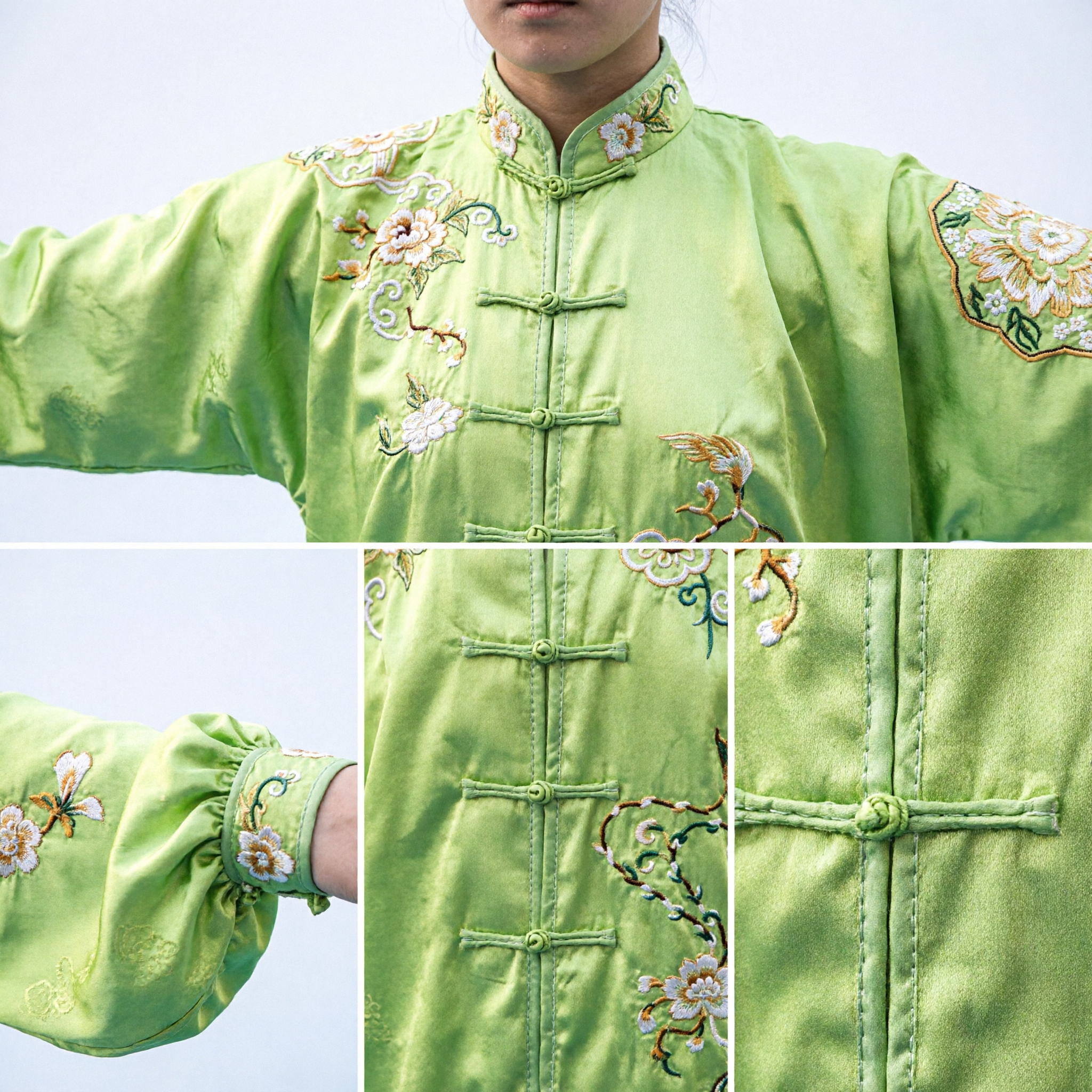 Professional Women's Lime Green Tai Chi Uniform Embroidered Silk Wushu Kung Fu Suit for Competition