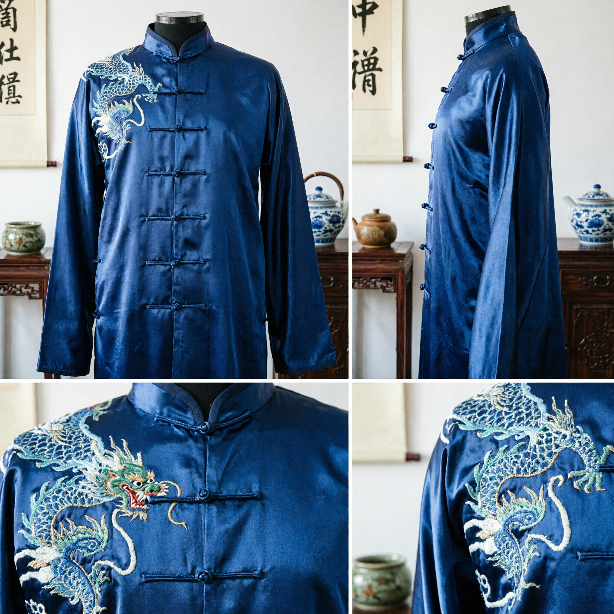 Men's Traditional Chinese Tang Suit Navy Satin Dragon Embroidery Kung Fu Tai Chi Wedding Costume