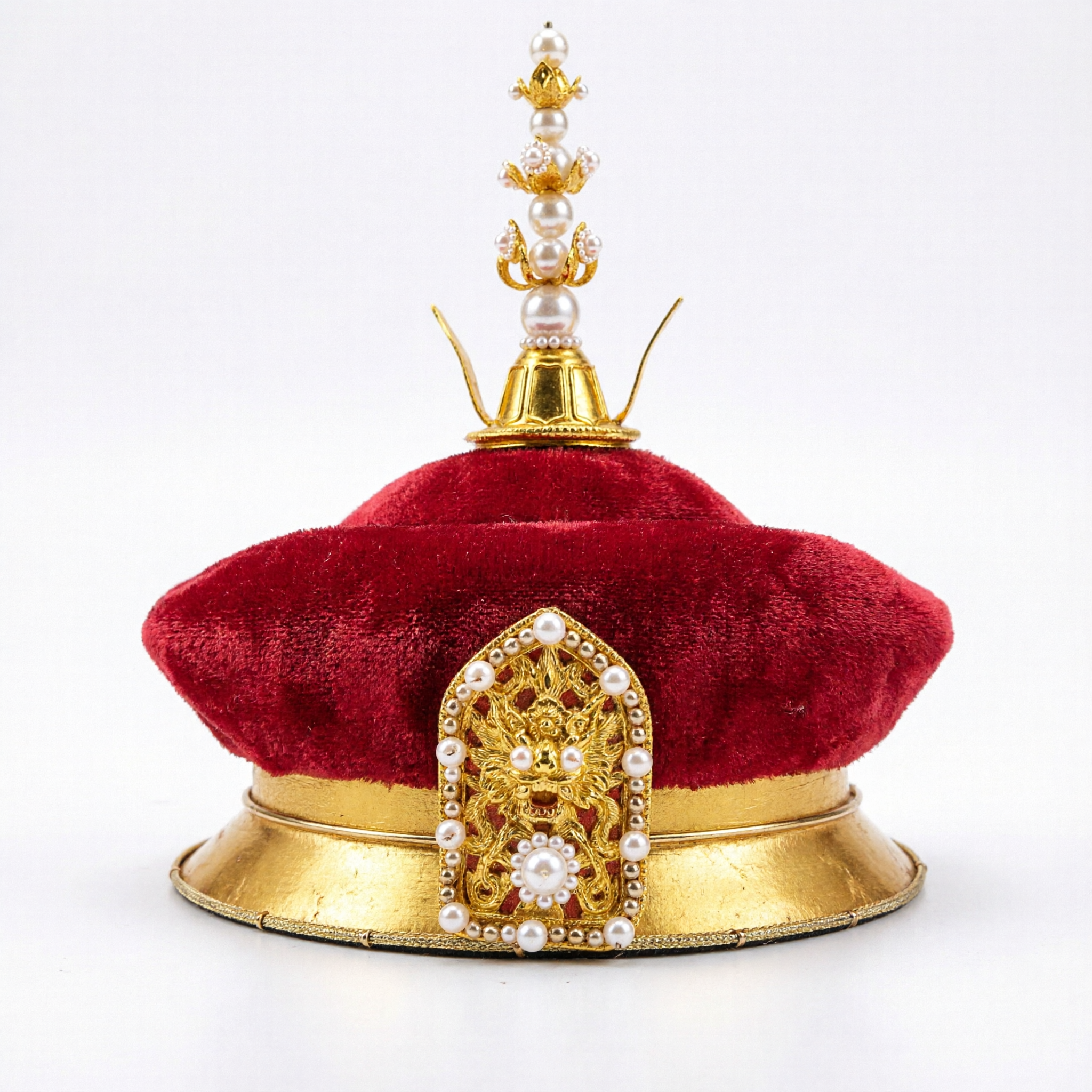 Traditional Chinese Qing Dynasty Official Red Velvet Hat with Gold Pearl Finial Imperial Costume Headwear