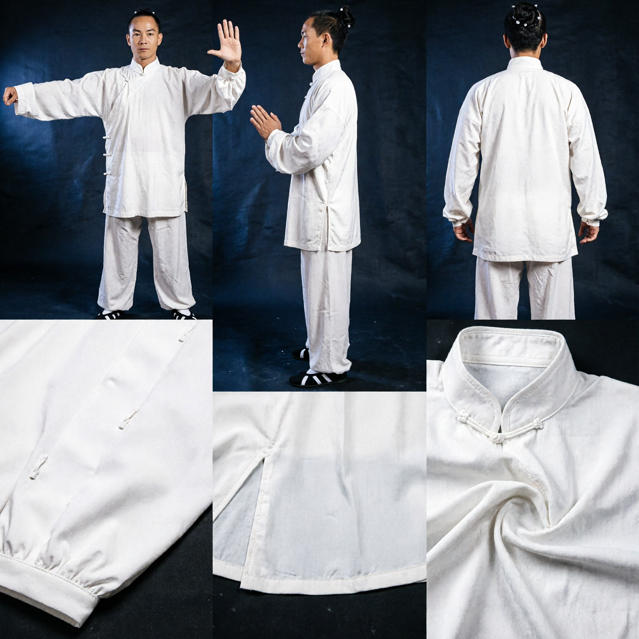 Premium White Cotton Men's Tai Chi Kung Fu Uniform Traditional Chinese Martial Arts Tang Suit Set
