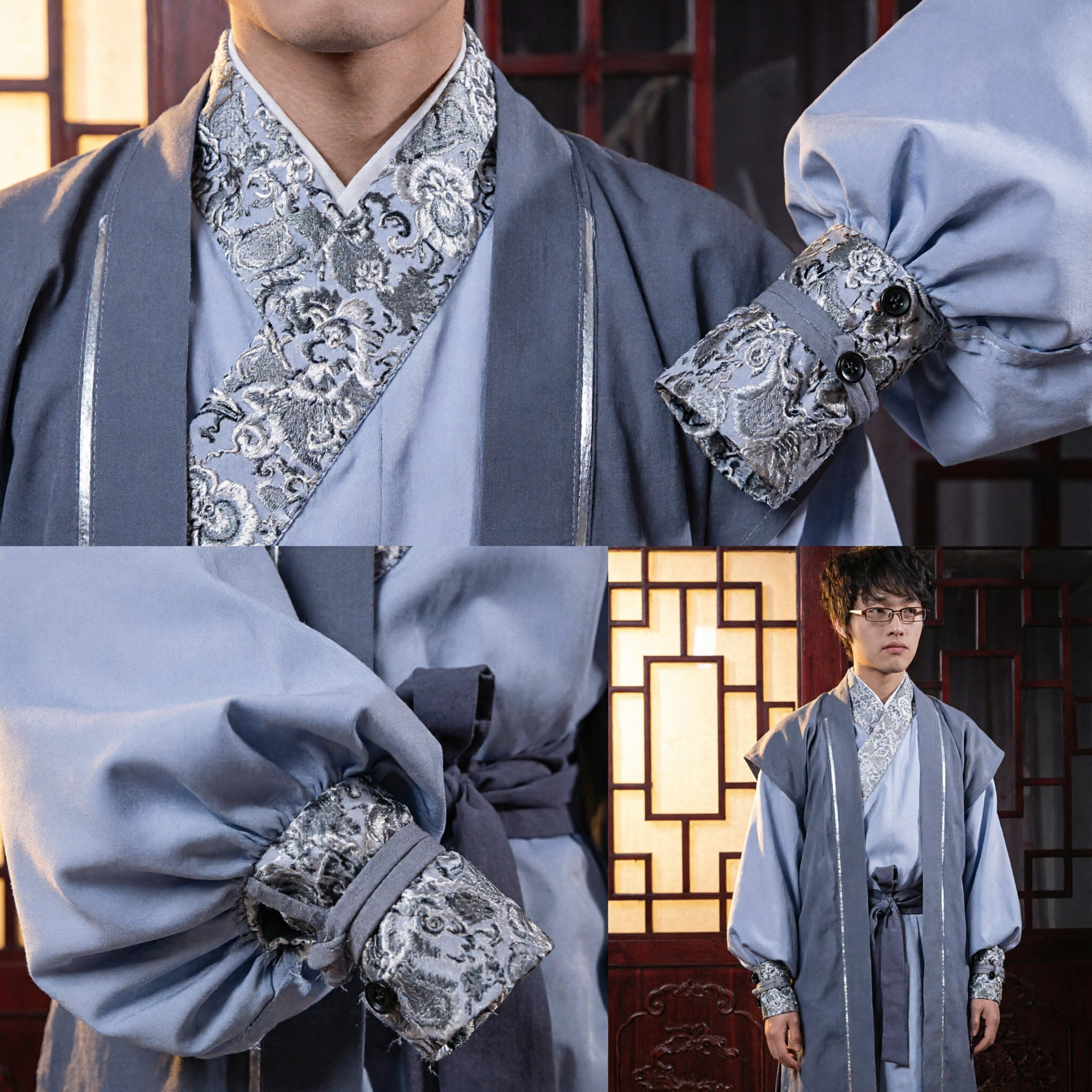 Men's Traditional Chinese Hanfu Ancient Scholar Costume Blue Grey Cross-Collar Robe for Cosplay and Cultural Performance