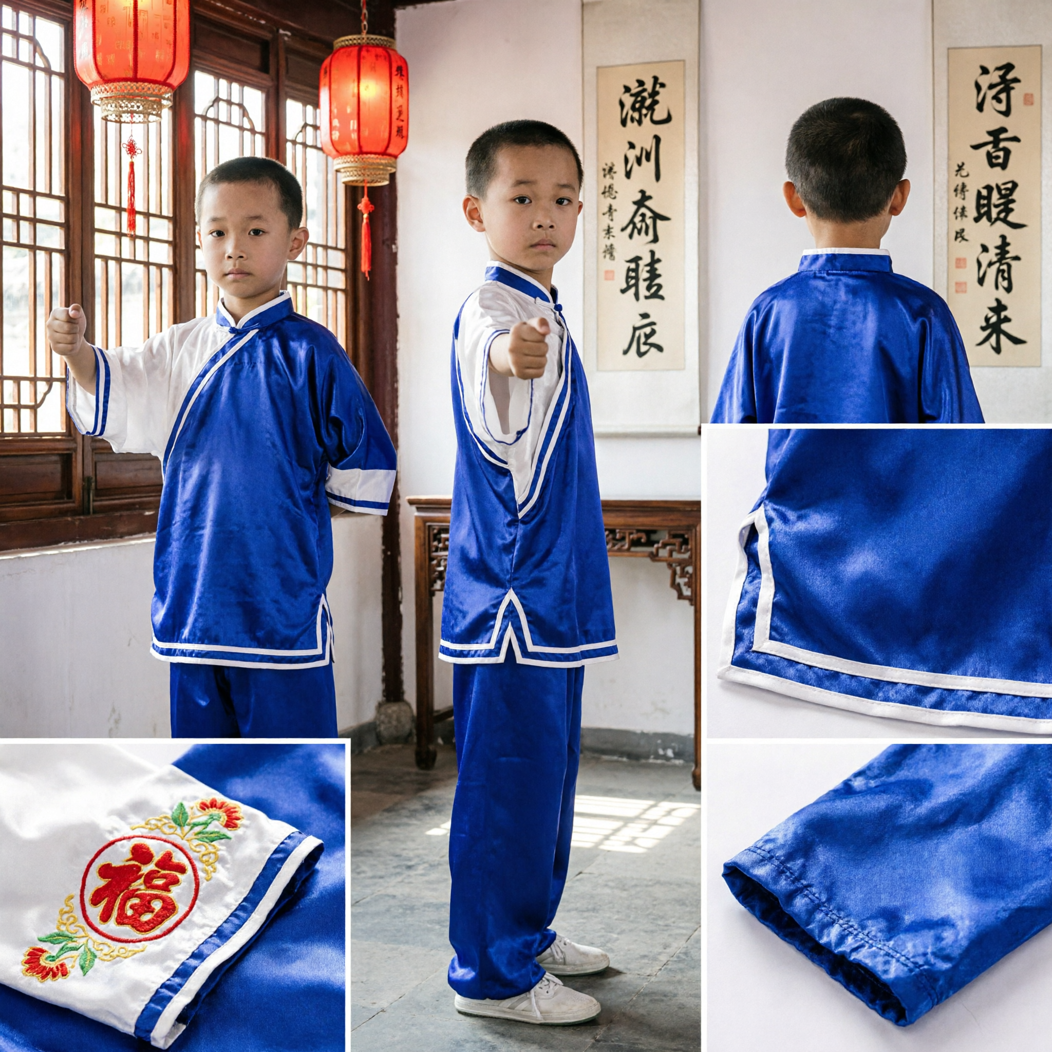 Kids Boys Blue White Kung Fu Uniform Traditional Chinese Martial Arts Tai Chi Wushu Suit