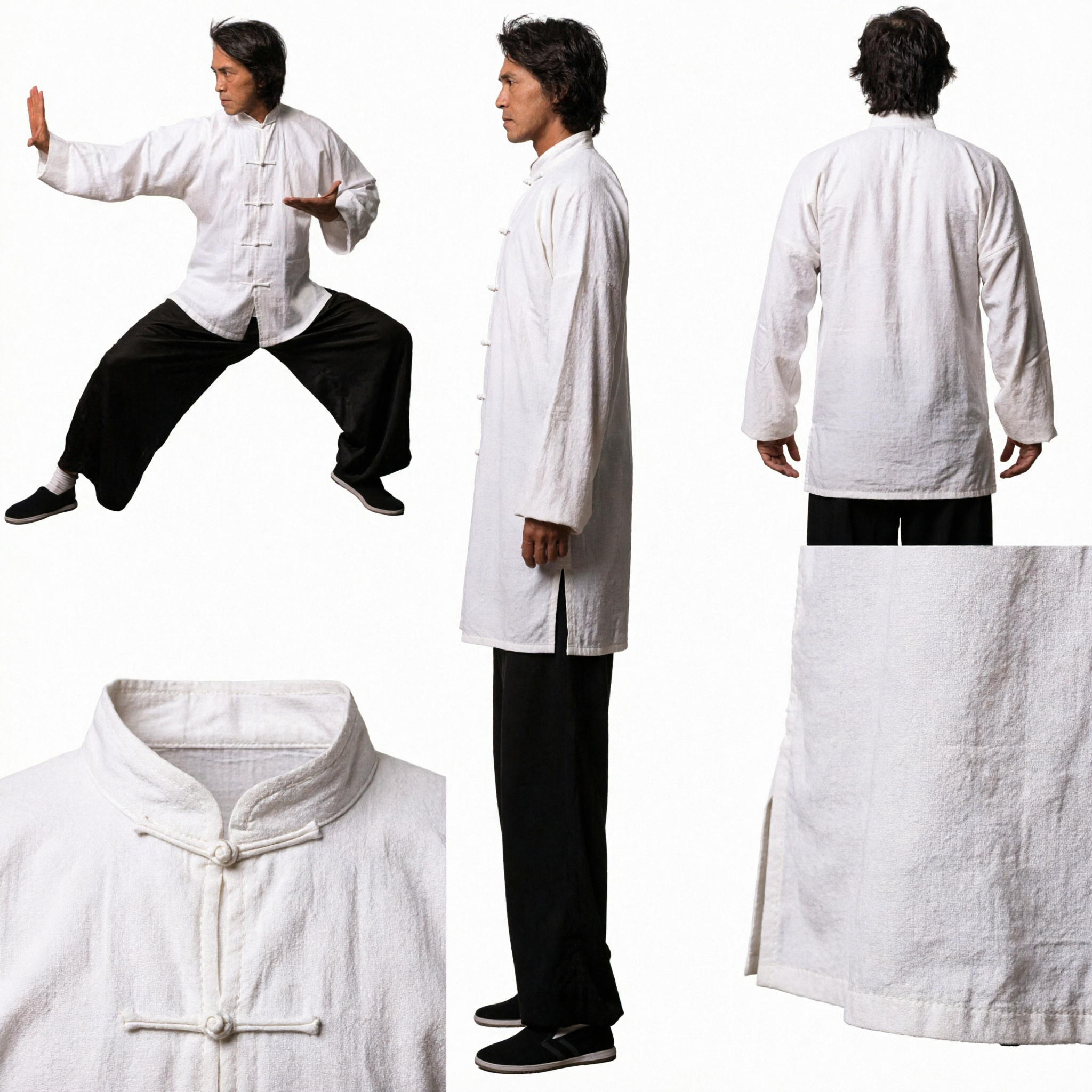 Men's Traditional Chinese Tai Chi Uniform Set White Kung Fu Suit Martial Arts Clothing for Daily Practice