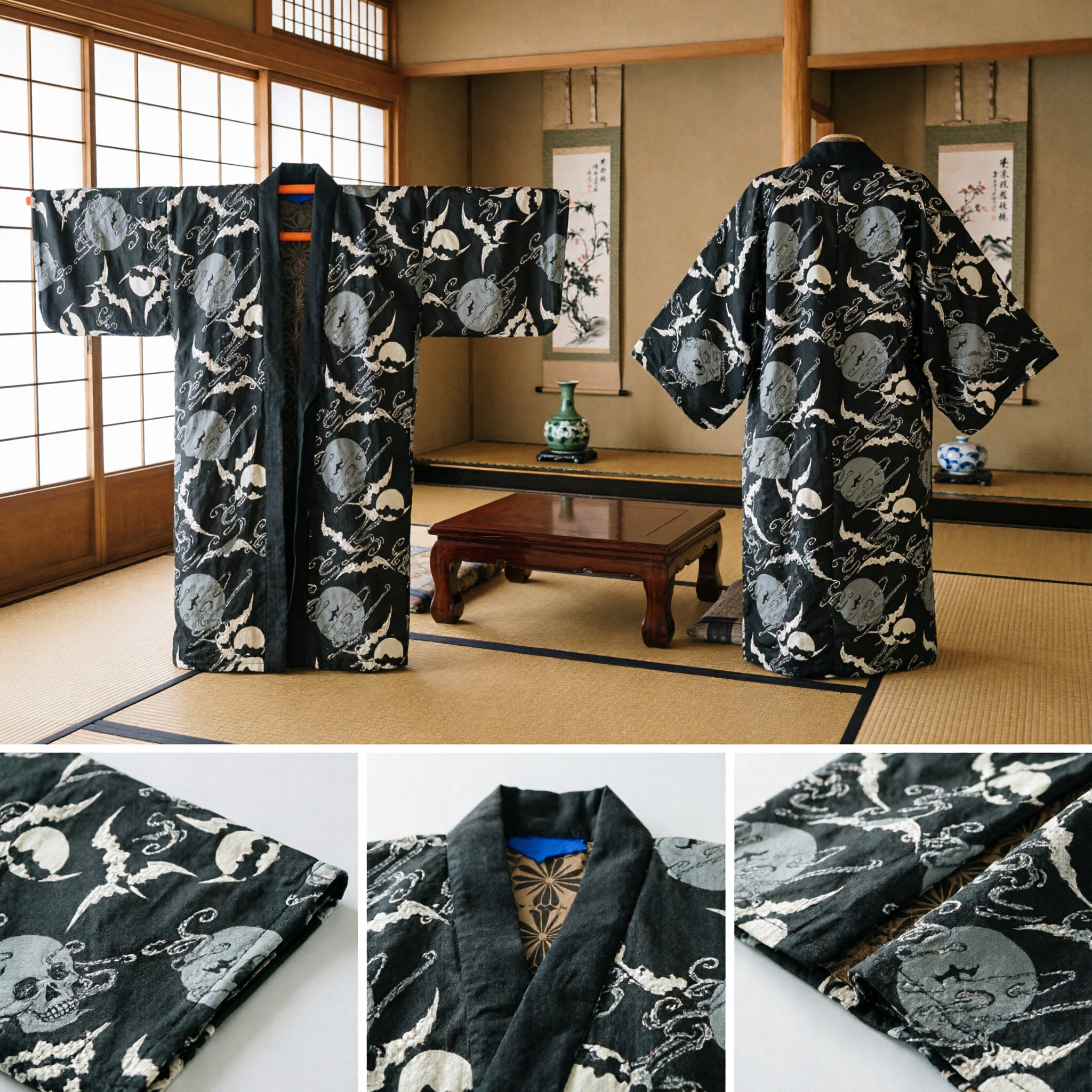 Traditional Japanese Haori Jacket Men Black Skull Print Kimono Coat for Cosplay and Festivals