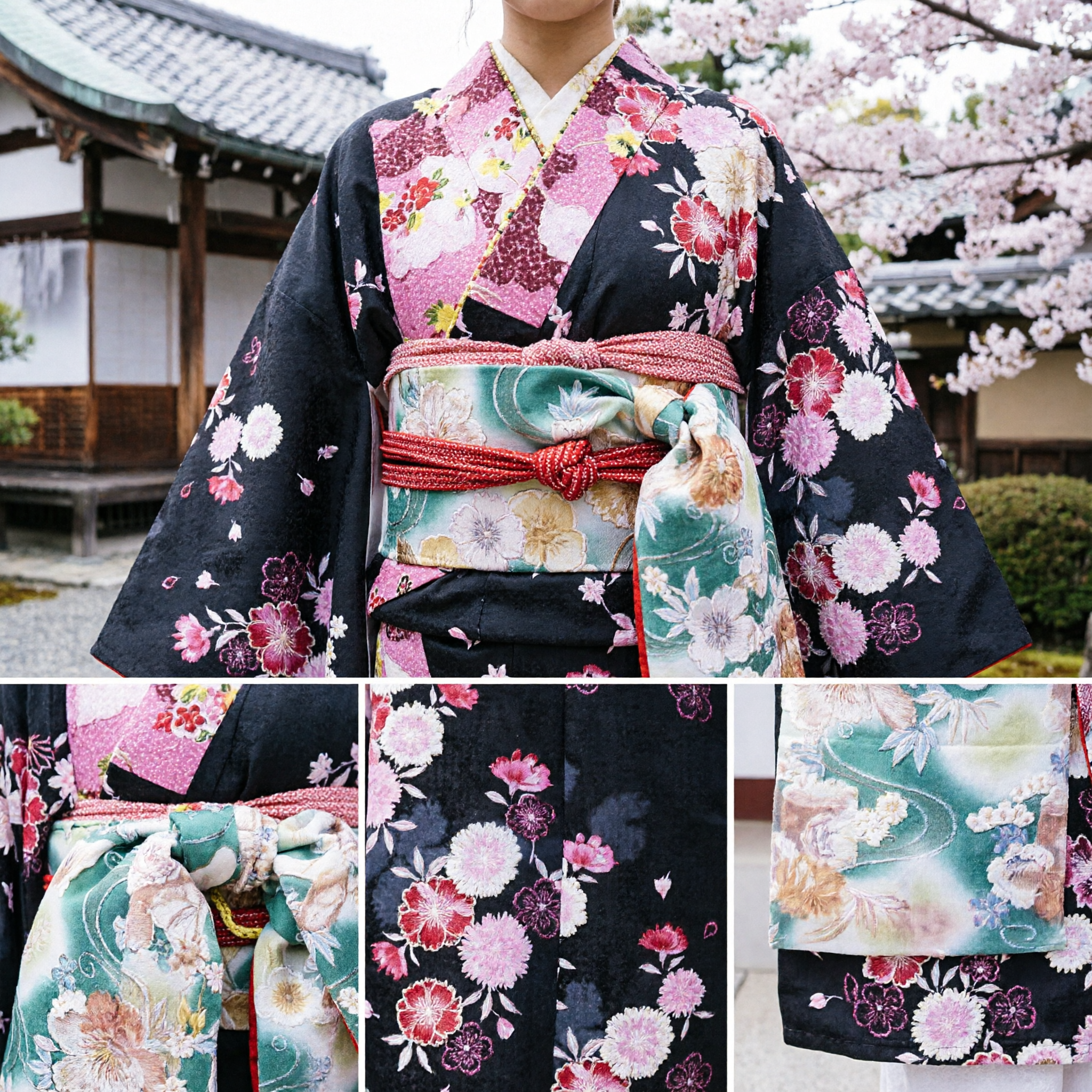 Traditional Japanese Black Furisode Kimono with Pink Floral Motifs and Teal Crane Obi Sash for Women
