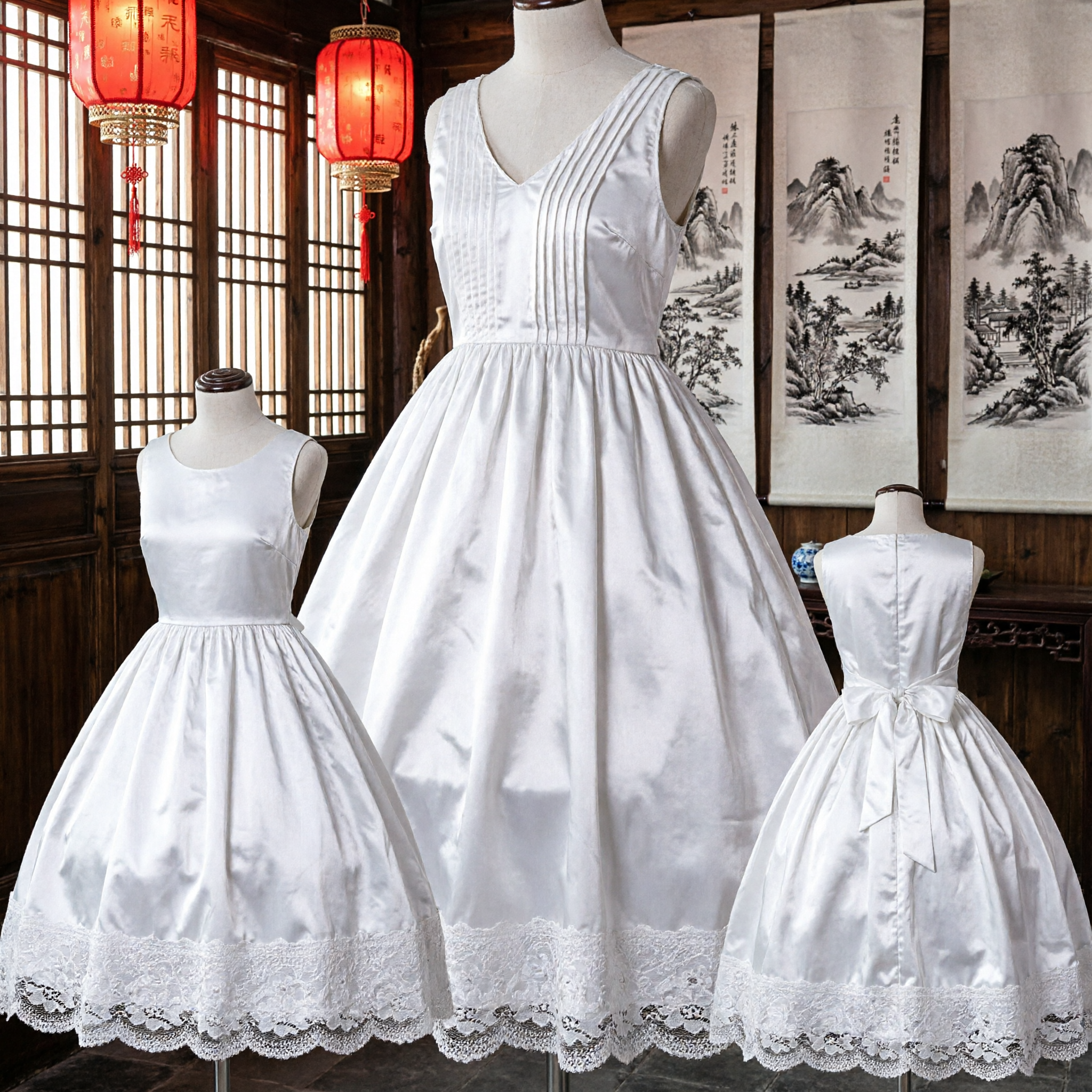 White Sleeveless Hanfu Petticoat for Women and Girls Traditional Chinese Costume Underskirt with Lace Trim