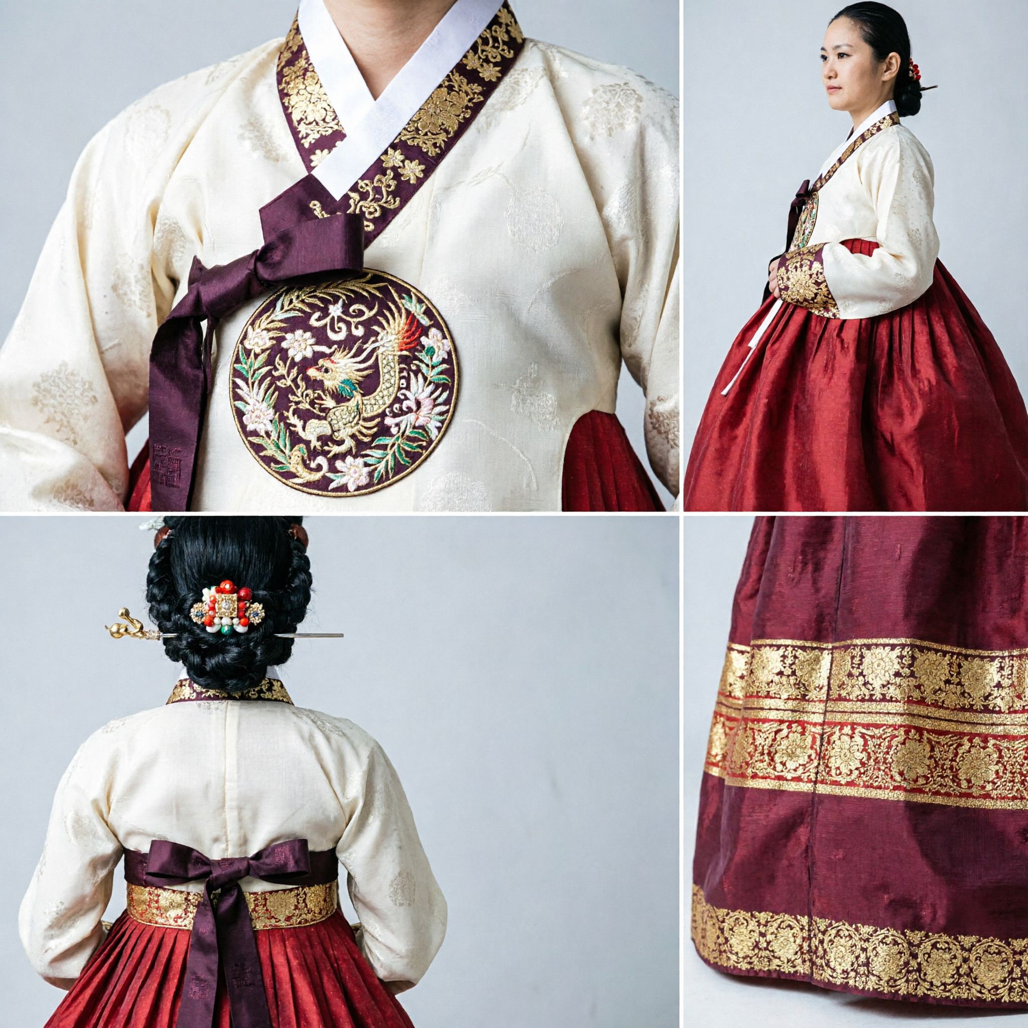 Women's Traditional Korean Hanbok Red Palace Costume Set with White Jeogori and Gold Brocade for Stage Performance